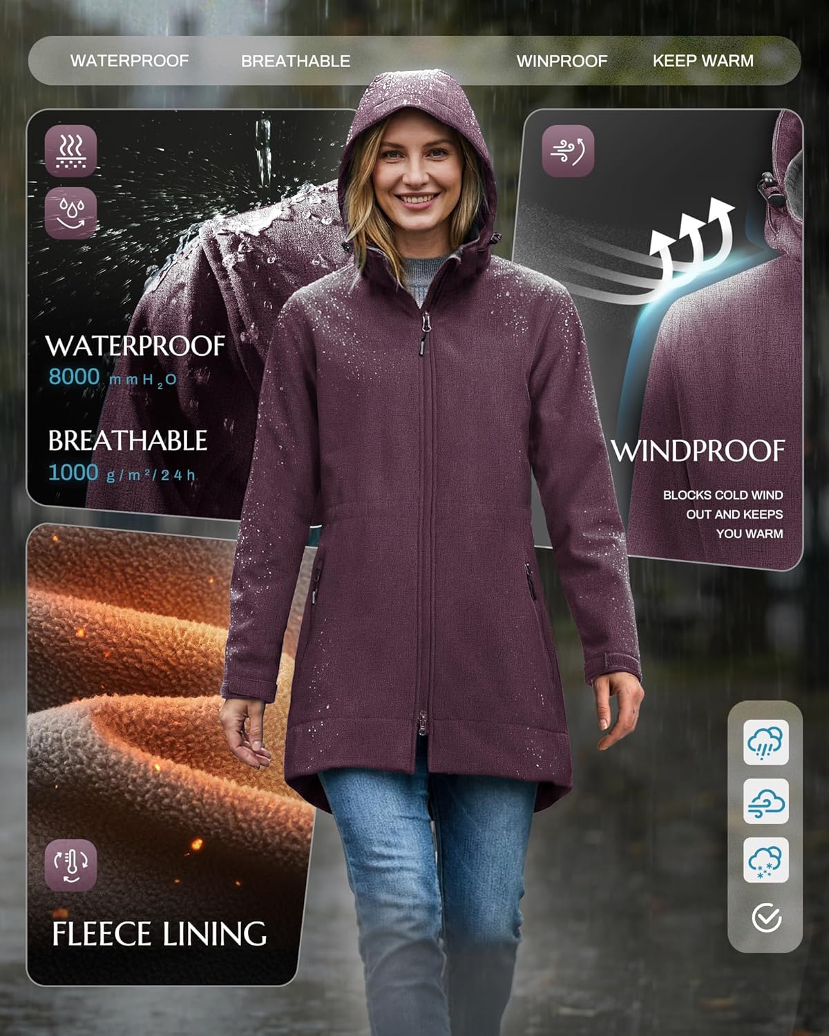 Outdoor Ventures Women's Softshell Jacket with Removable Hood Fleece Lined Windbreaker Insulated Long Warm Rain Jacket