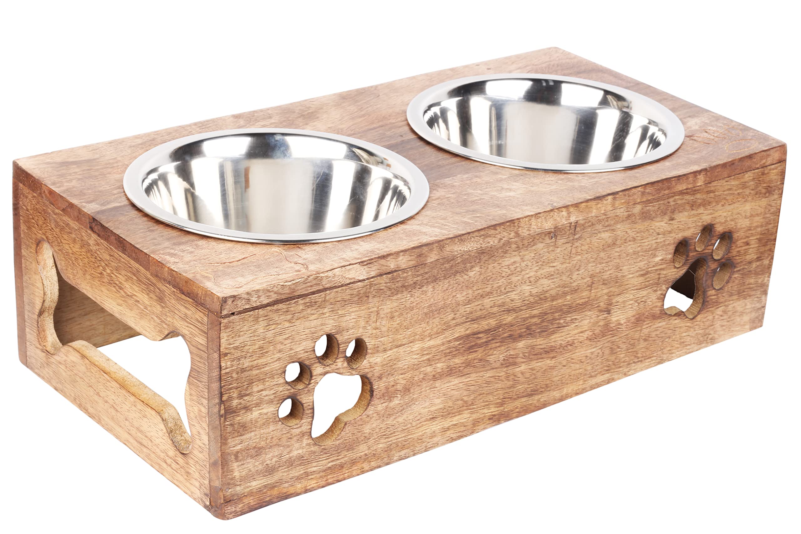 Paw Design Wooden Pet Feeder Station Stand with 2 Stainless Steel Bowls | Raised Dog Bowl Elevated Cat & Puppy Dining Table | 16 x 8.5 x 5 Inches