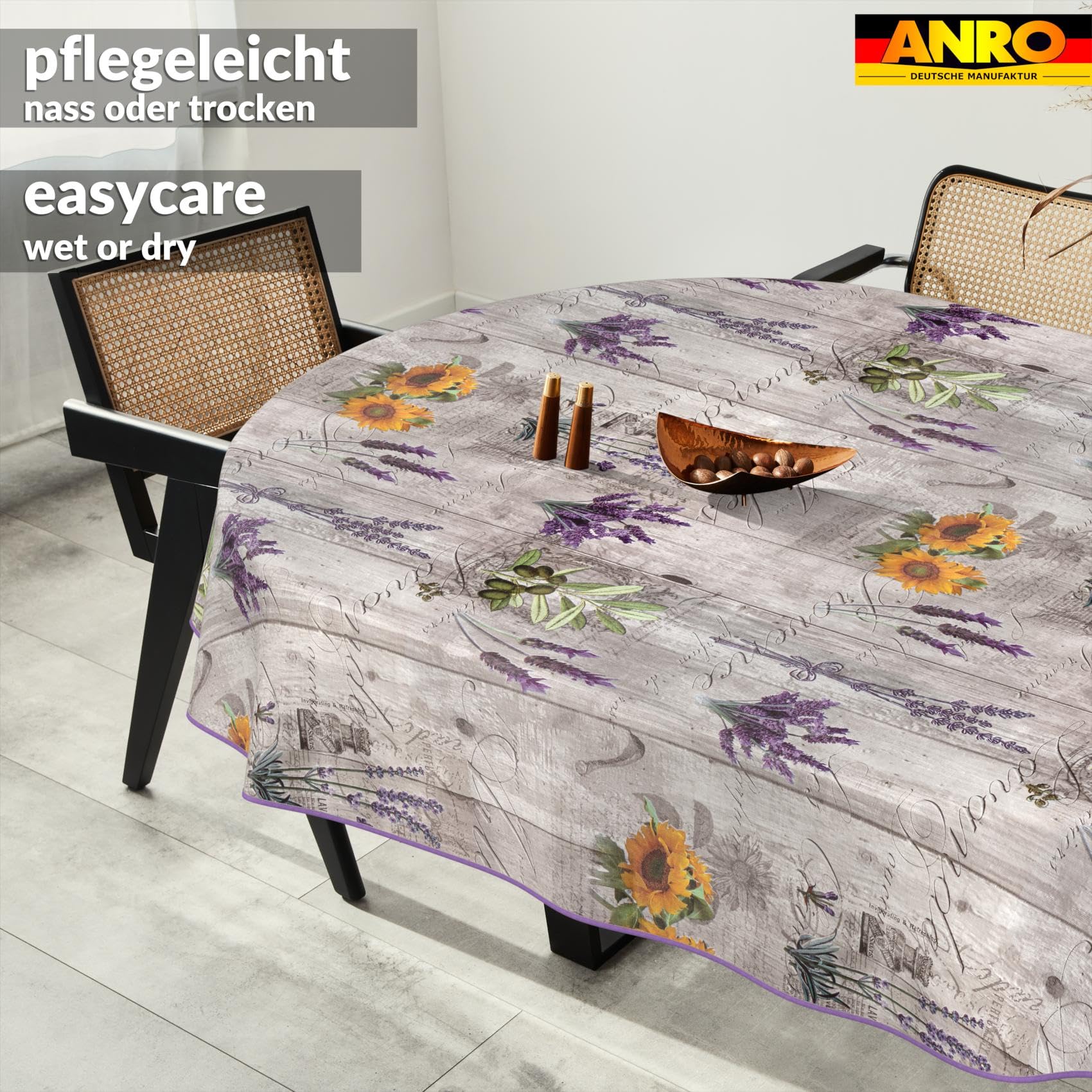 Nappe en Toile cirée - Lavable, Facile d'entretien et imperméable - Effet Lotus - Provence - Ovale - 160 x 140 cm - avec Ourlet (bordée)