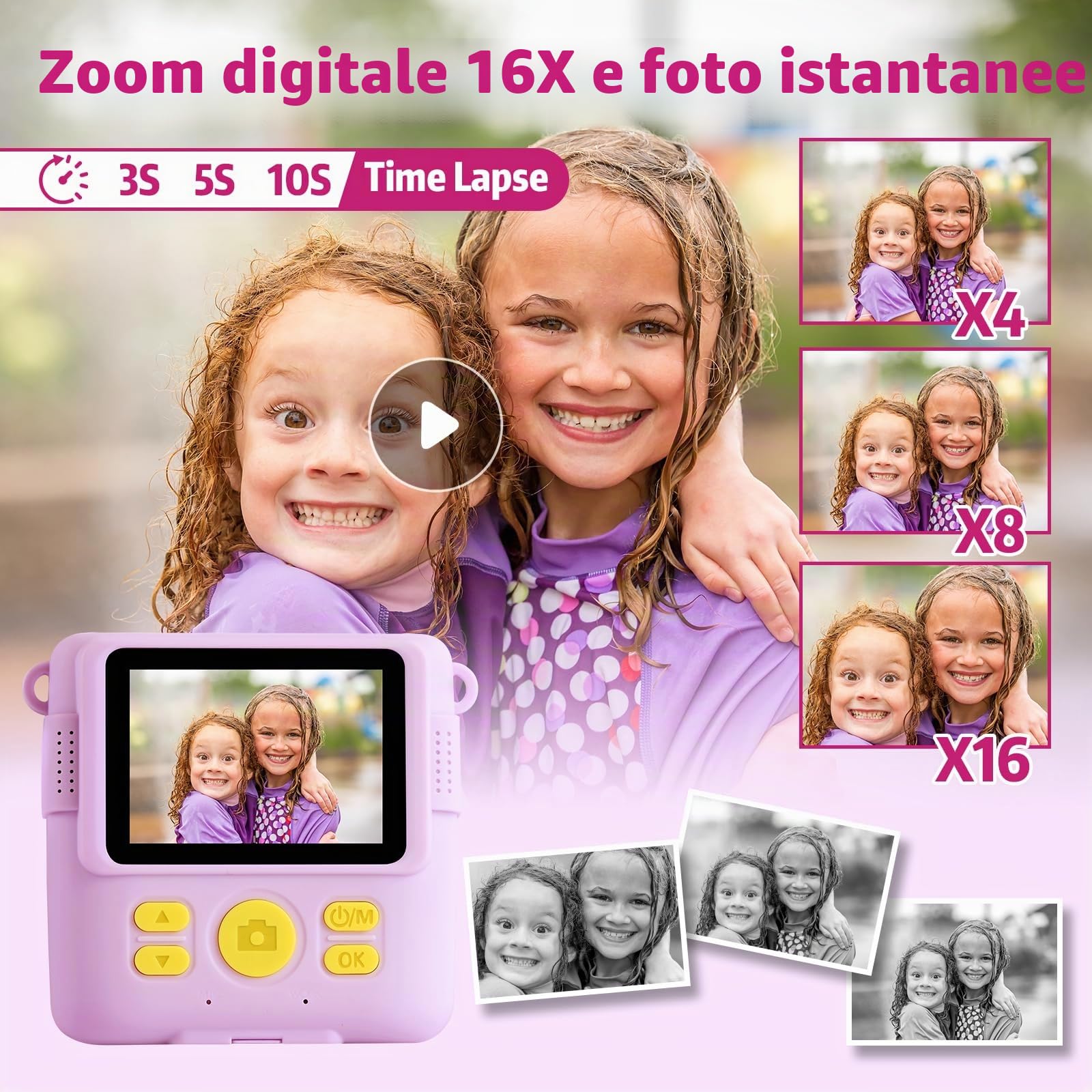 CHRERNA Macchina Fotografica Bambini Istantanea,2,4 Pollici Fotocamera Istantanea Bambini con 32GB Scheda, 1080P HD Fotocamera Digitale Bambina, Regalo per Ragazze Ragazzi da 3-12 Anni