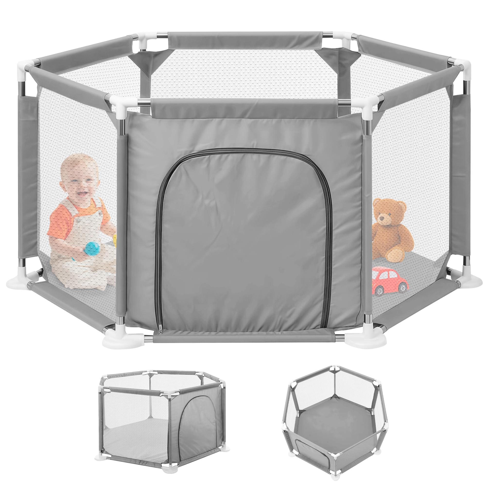 JUPPLIES Parque Infantil Bebe 127x127cm Hexagonal – Corralito Bebe con Malla Transpirable – Parque de Juegos Bebe con Puerta Lateral – Playpen Bebe sin Pelotas