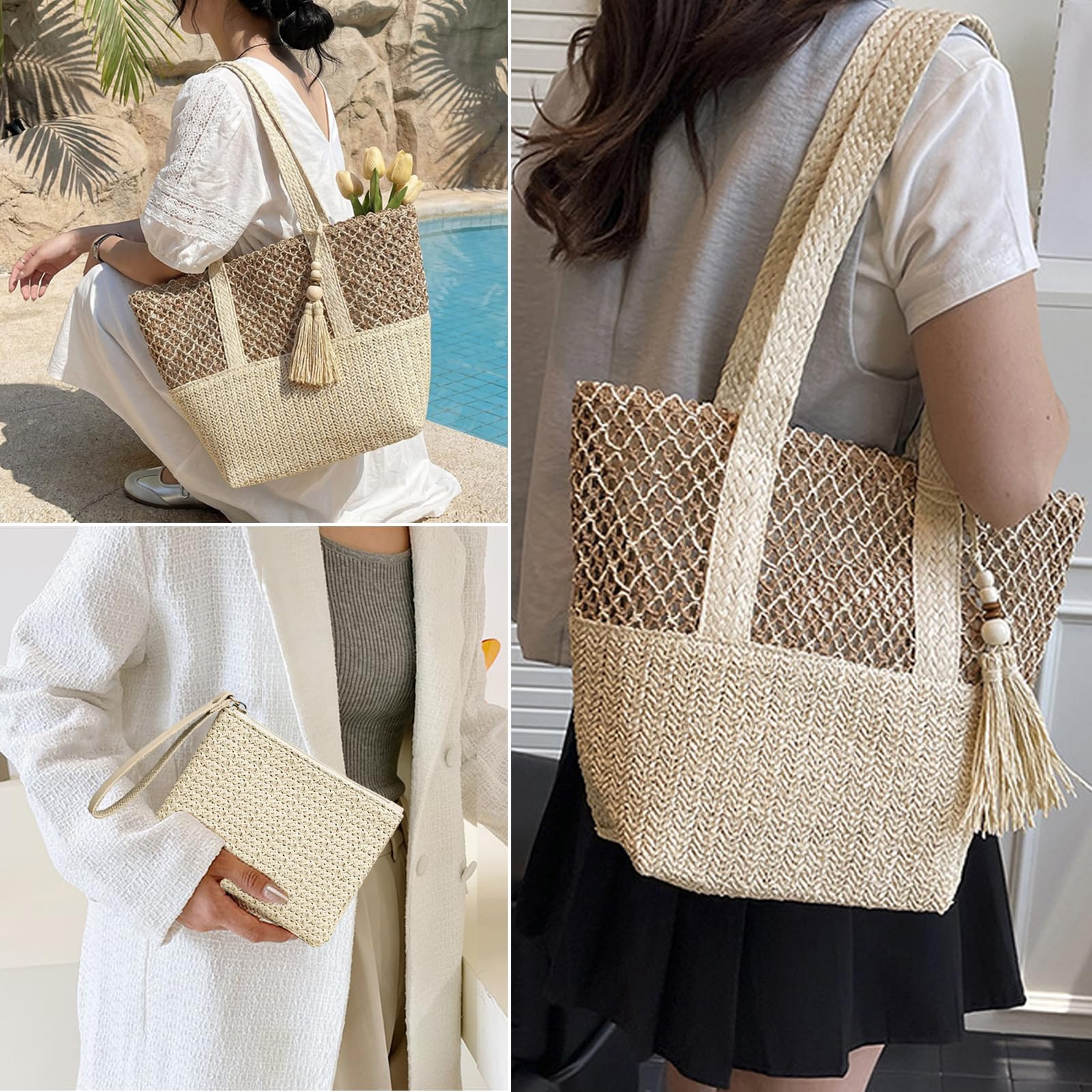 Borsa di Paglia Donna, Borsa Estiva Donna Paglia, Borsas a Tracolla a Maglia per l'Estate, Borsas da Spiaggia per Vacanze Boho, Borse da Mare per Viaggi in Spiaggia & Shopping Tutti Giorni