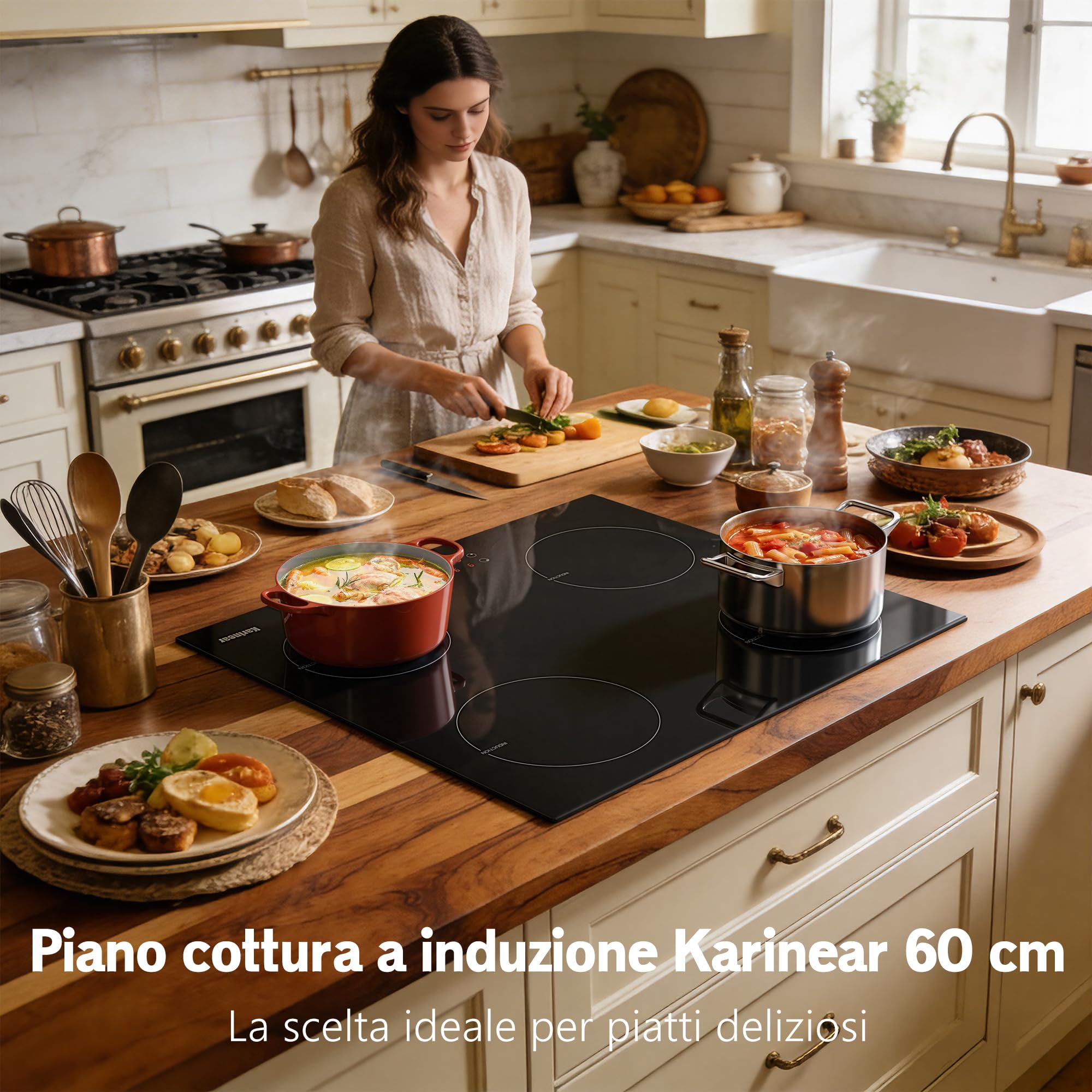 Karinear Piano Cottura Induzione 4 Fuochi, 60cm Piastra Induzione Elettrico 4 Piastre, Piani Cottura con Spina 3500W, 9 Power Comandi Toccare, Blocco di Sicurezza per Bambini, Timer Lock, Vetro, Nero