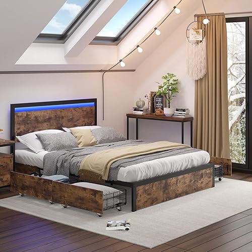 Miniatura 8 de Base de cama matrimonial con 4 cajones de almacenamiento y 2 mesitas de noche, marco de cama con cabecera LED y estación de carga, marco de cama de