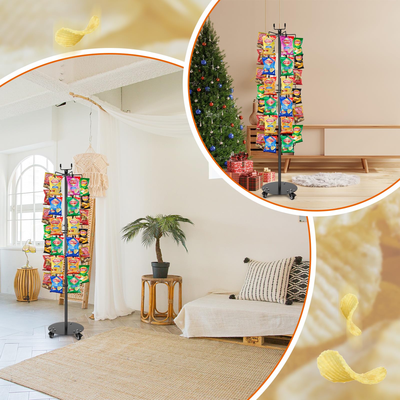 BBTO 155,4 cm H Kartoffelchips-Ständer Präsentationsständer Chip-Streifenregal Kartoffelchips Display Rack mit 72 Clips für Einzelhandelsgeschäft, Süßigkeiten-Warenständer,