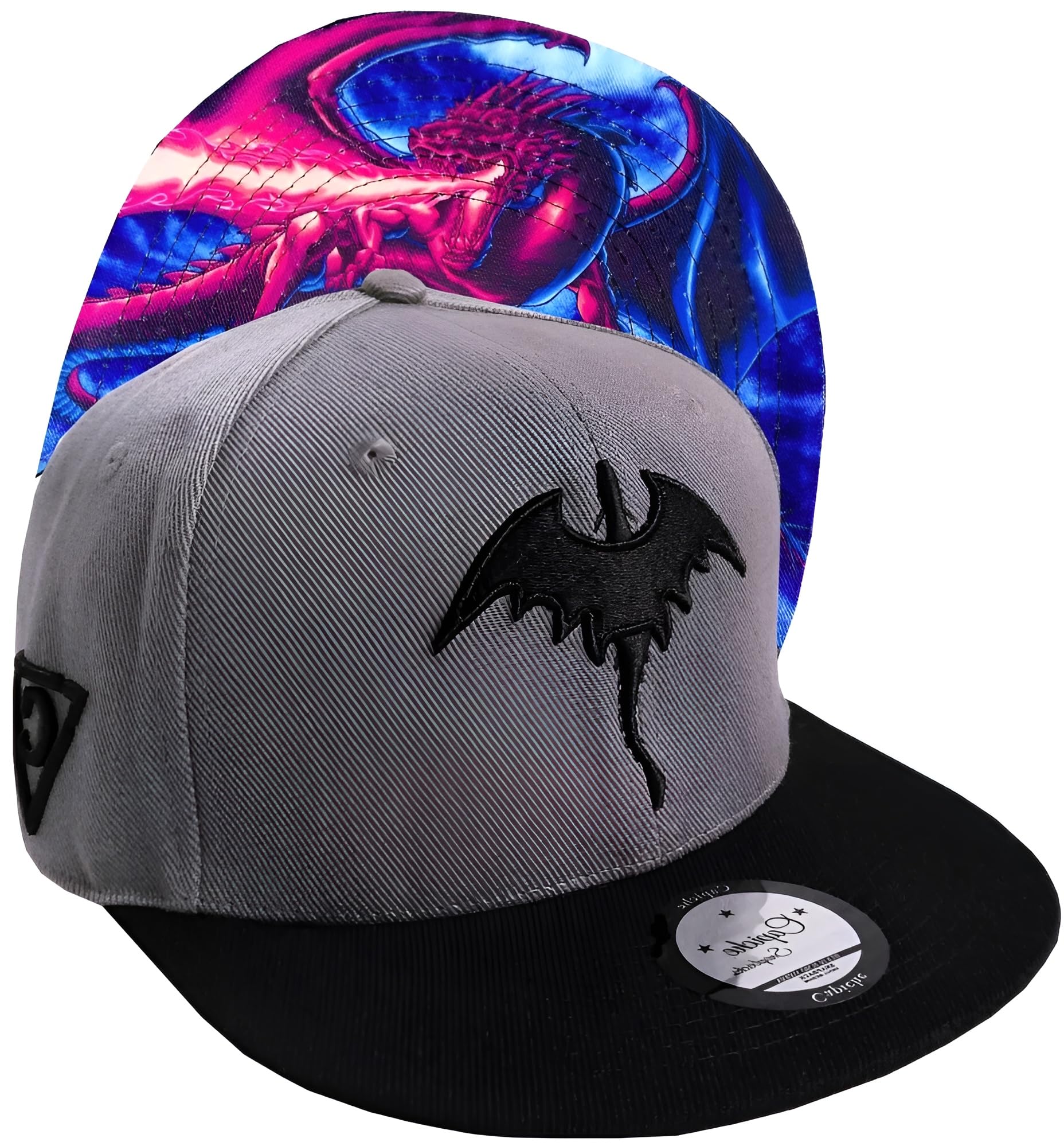 Capiche [99+ Variations] Gray Snapback Hat for Men, Fire Dragon, Mens Baseball Cap, Black & Gray with Tattoo Artwork Under Flat Bill, Cool Hats, Gorras, Gaming Heart, Wings Gift Dad