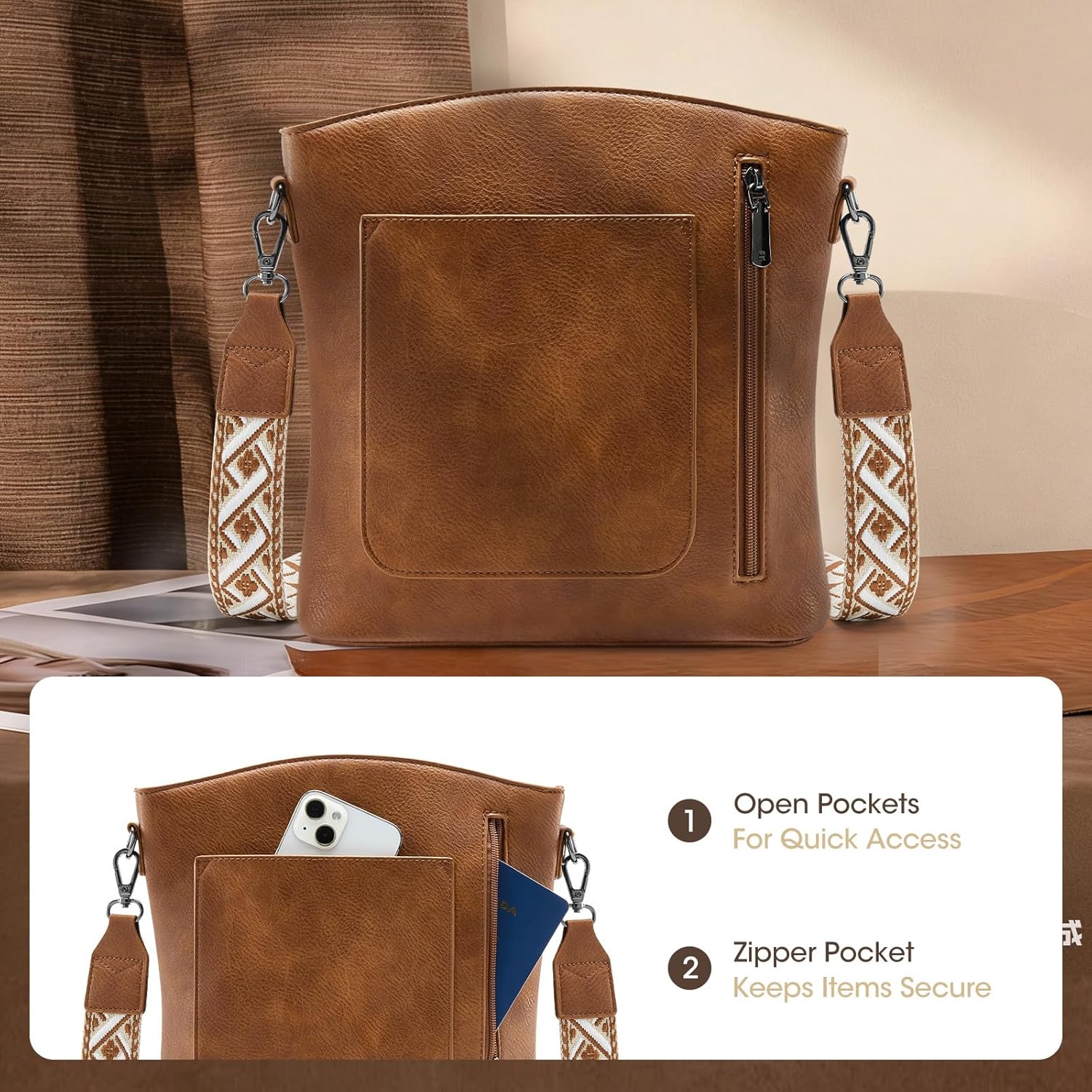 RAINSMORE Women's Medium Leather Crossbody Bag - Lightweight Casual Purse for Weekend Shopping, Everyday Outings, Travel