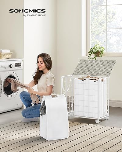 Miniatura 2 de SONGMICS Cesta de lavandería, Cesta de lavandería de 130 L con tapa, Cesta de ropa con ruedas, Bolsa de revestimiento extraíble plegable,