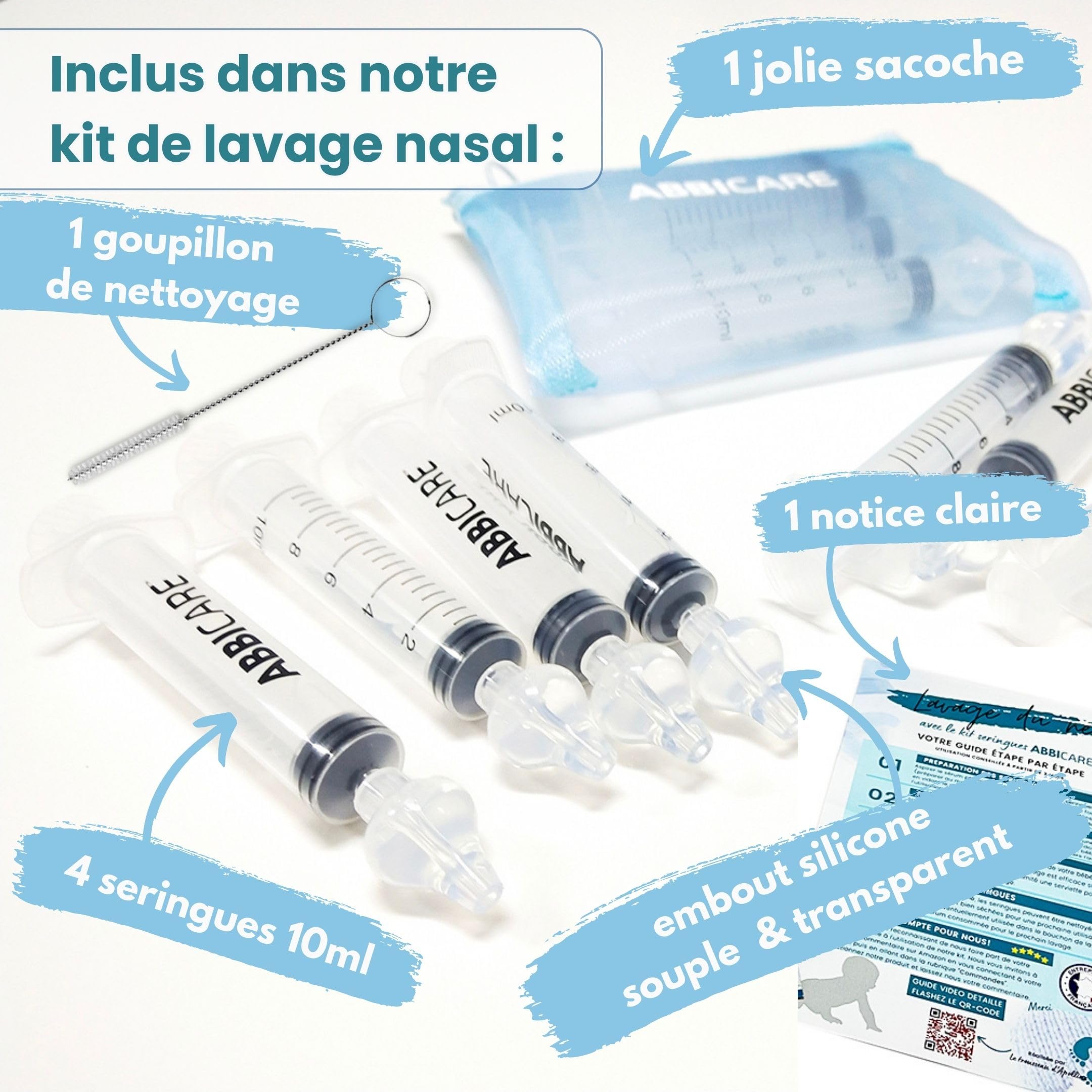 Mouche bébé seringue nasale 10ml ABBICARE™ sans BPA-CE | Kit 4 seringues avec embouts silicone souple + 1 goupillon de nettoyage et guide conseil | Soin nasal puericulture serum physiologique
