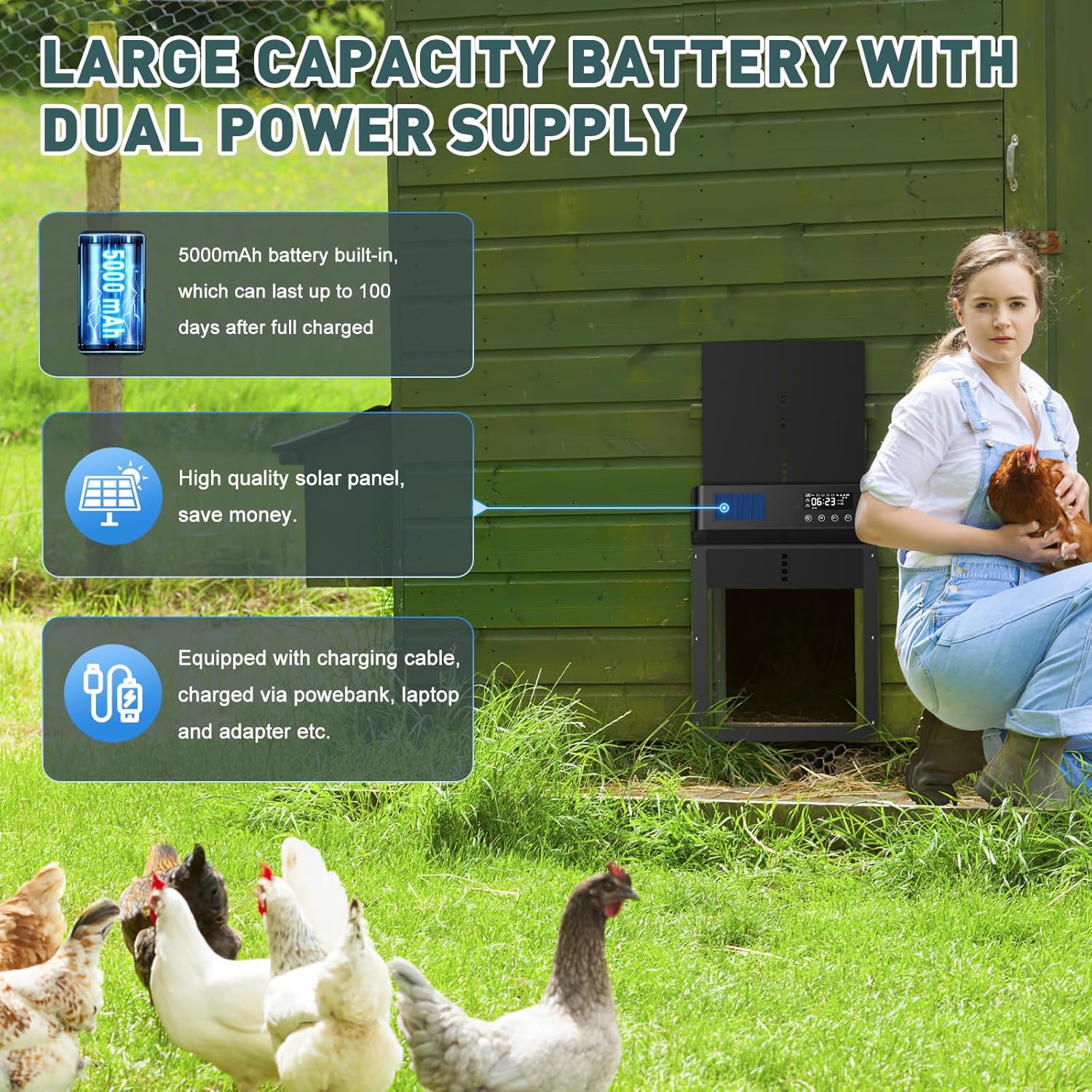 Image illustrating the dual power supply of the Cozion chicken coop door, showing solar charging and the option to charge via a DC cable from a power bank or adapter.