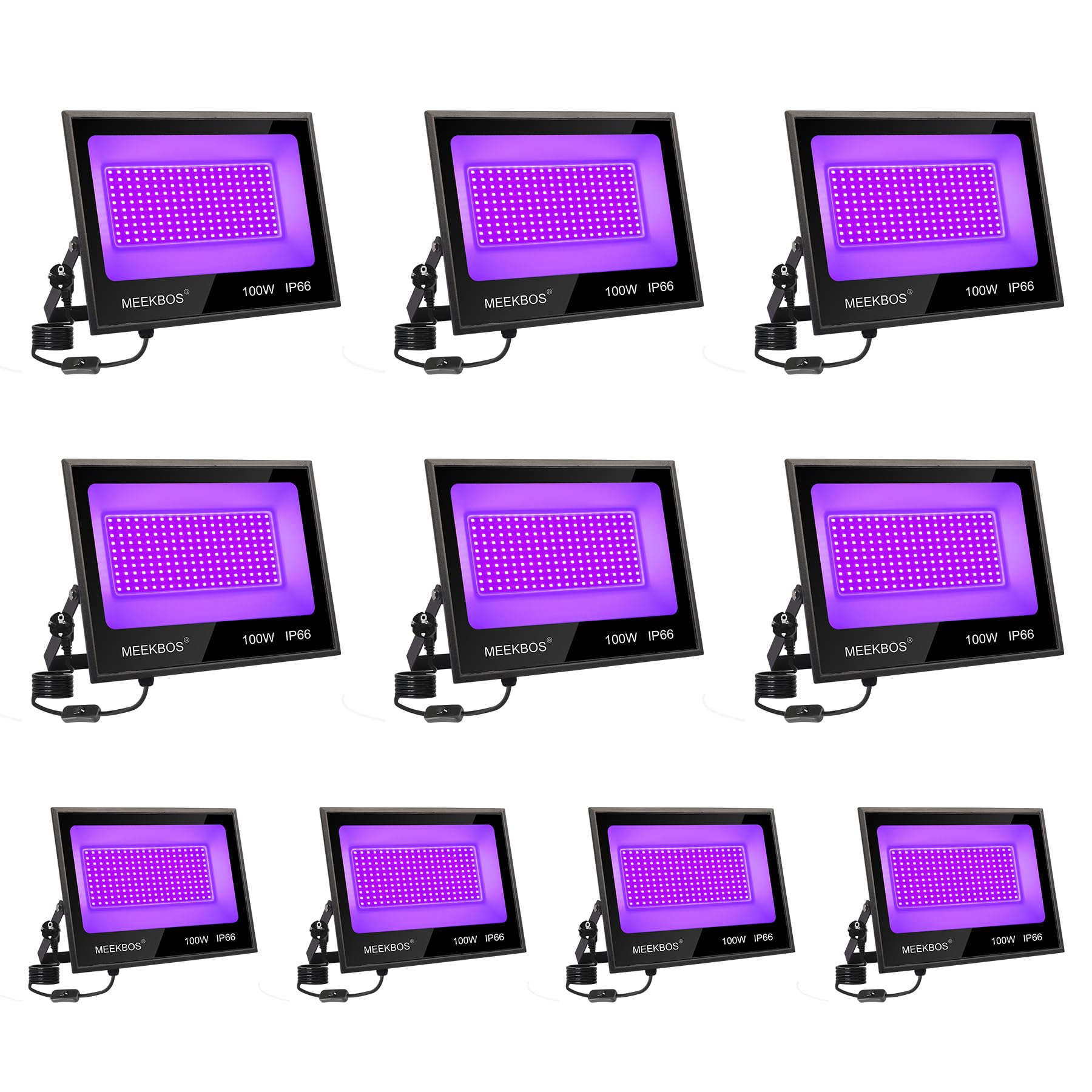 10 Pezzi Luce Nera UV,100W Faretto UV LED con Spina, IP66 Impermeabile Faro Ultravioletta,385-400nm Black light per Festa,Pittura Fluo,Poster Fluorescente,Bar,Halloween,Party,Discoteca