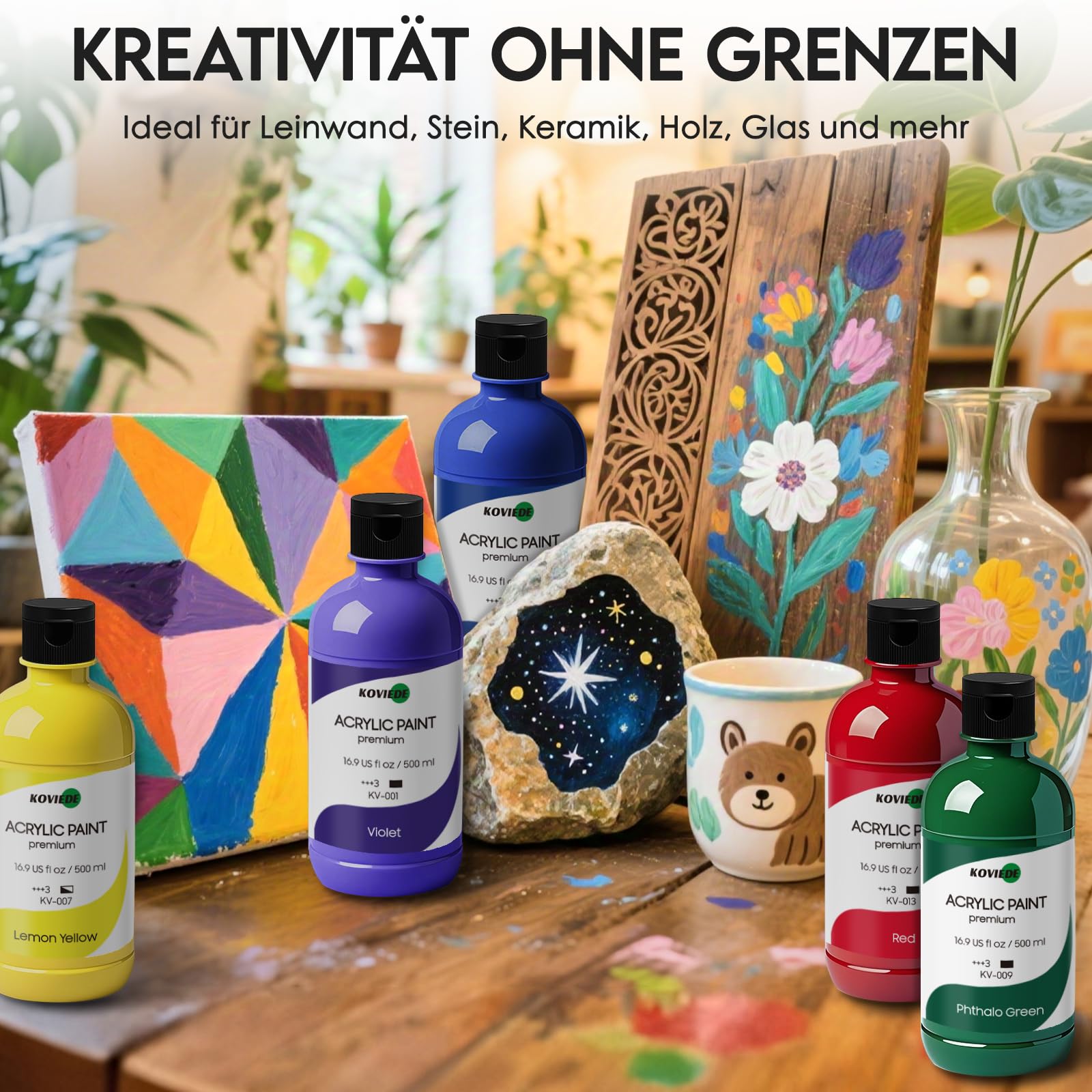 15-Farben Acrylfarben Set 15 x 500ml Große Flasche Ungiftig Wasserfest und Lichtecht Acrylfarbe für Leinwand, Holz, Stoff Stein und Bastelprojekte
