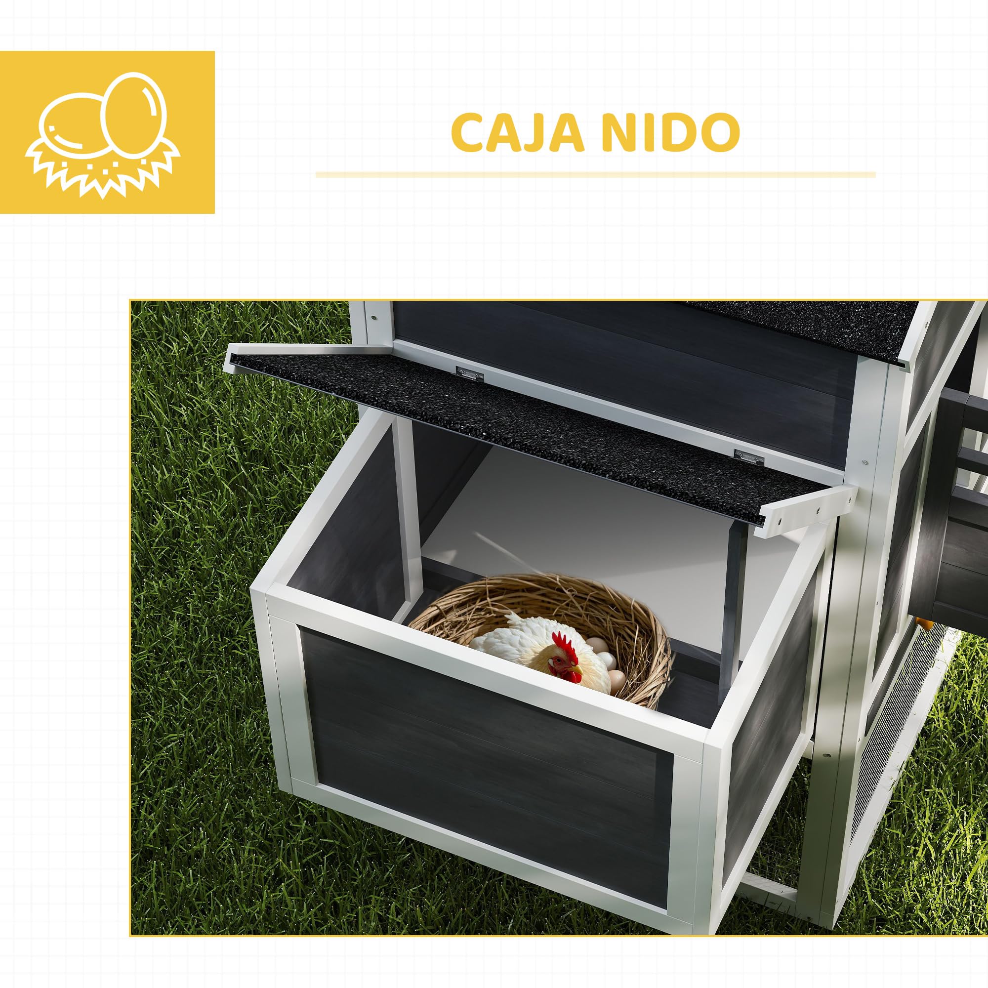 PawHut Gallinero Exterior Madera Grande 297,5x68x118 cm para 3-6 Gallinas con Nido Corral Bandeja Extraíble Techo Asfáltico Gris Blanco