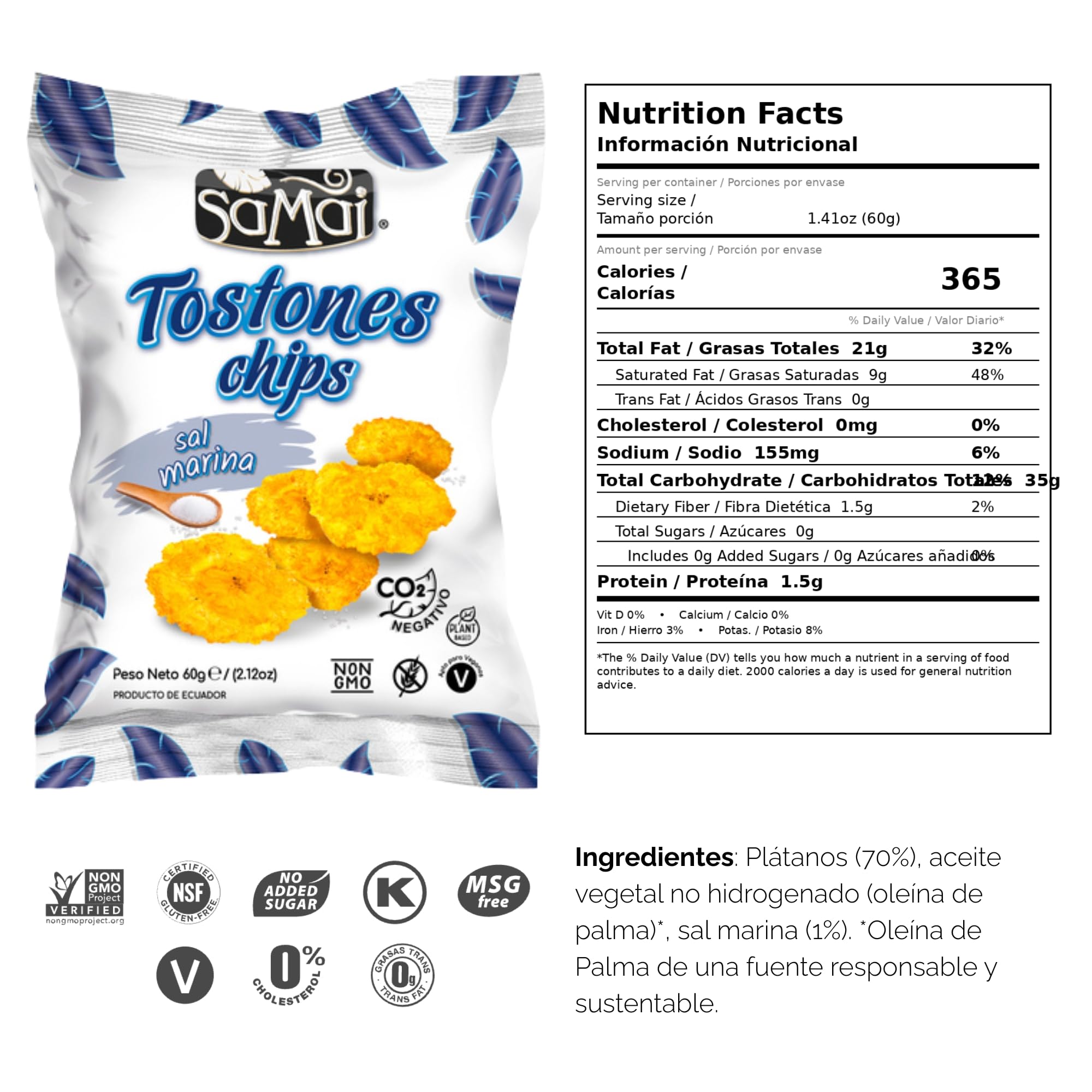 Tostones SAMAI Chips de Plátano con Sal Marina - Pack 15 Bolsas x 60g (900g Total) - Snack Natural Sin Gluten - Patacones Crujientes - Aceite de Palma Sostenible