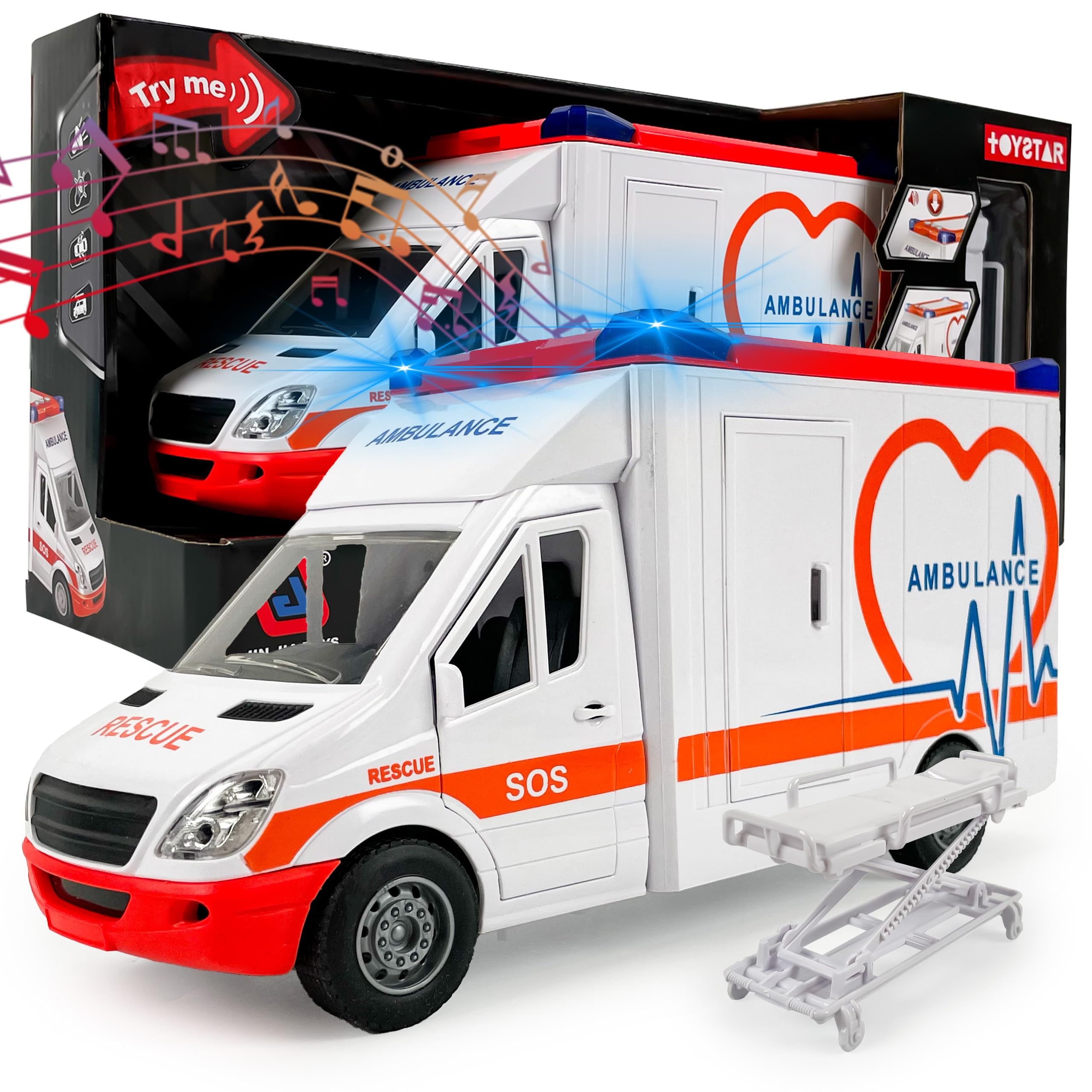 CELMAN Juguete de ambulancia, ambulancia ambulancia con camilla, portón trasero para abrir, luz y sonido, coche de juguete grande para niños a partir de 3, 4, 5, 6, 7, 8 años