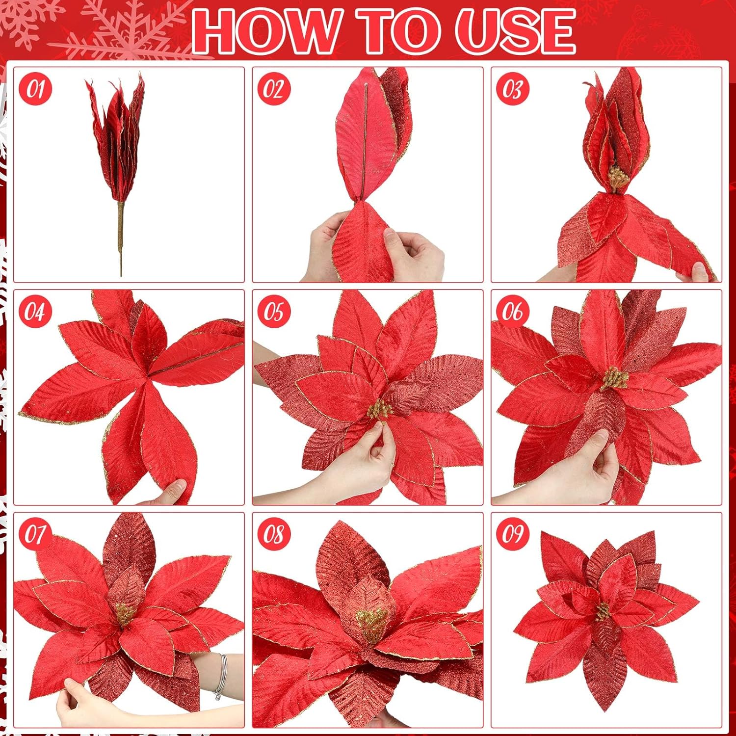 Cinnvoice 4 Pcs 16'' Mardi Gras Flowers Mardi Gras Poinsettia Flowers Artificial Extra Large Glitter Poinsettia Picks Stems Ornaments Foldable Floral for Holiday Party Decoration(Red)