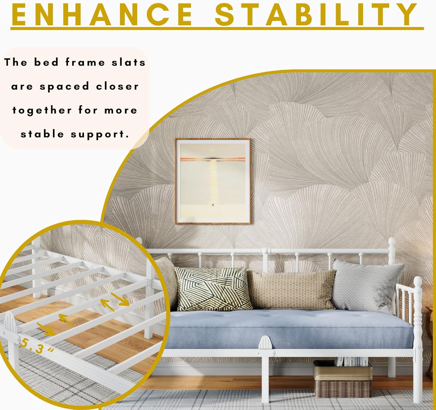 COMASACH 14 Inch Twin Classic Daybed - Heavy Duty Metal Platform Sofa Bed Frame with Headboard, No Box Spring Needed, Multi-Functional Day Bed Couch for Living Room, Guest Room, Small Space