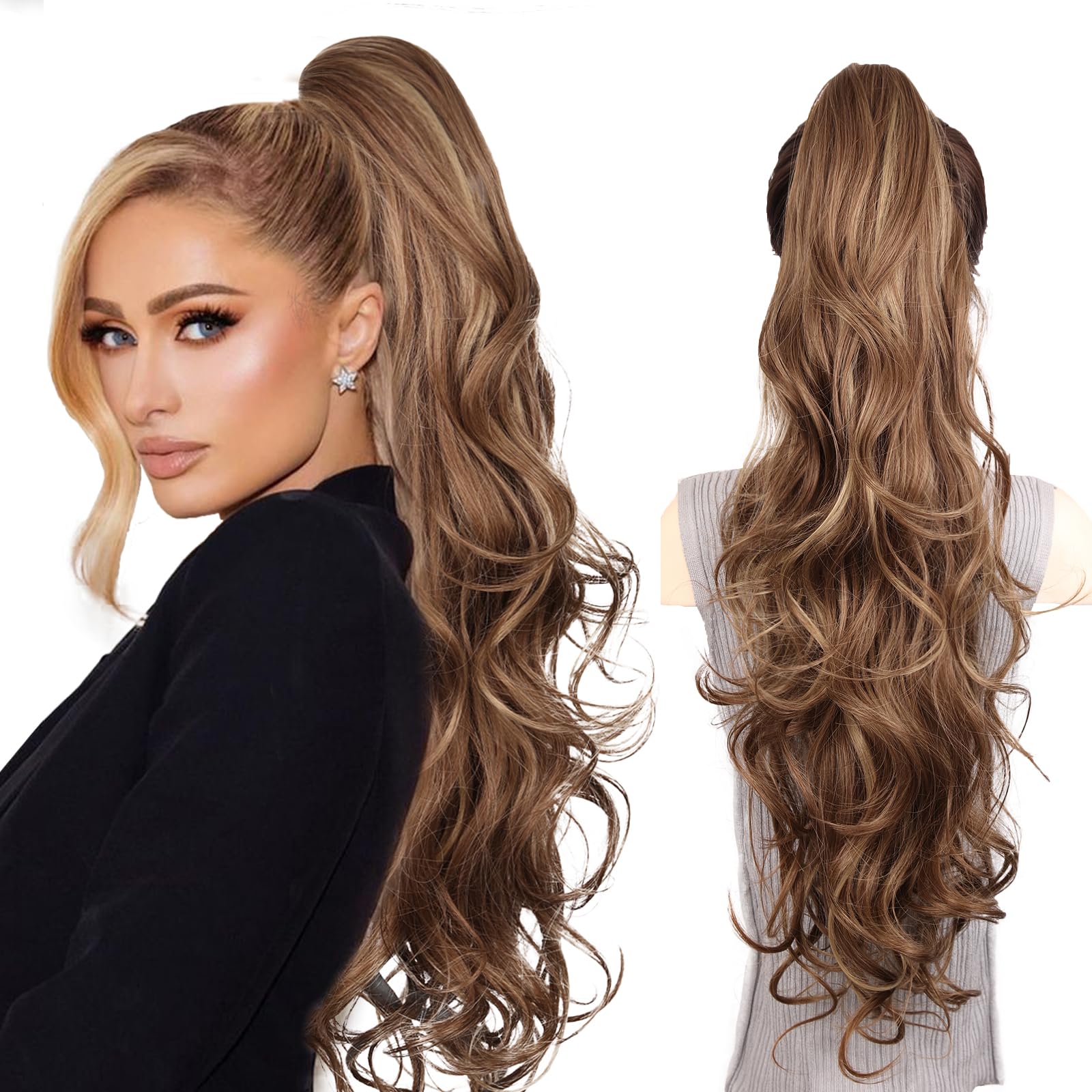 Photo 1 of 26 Inch Long Ponytail Extension - Soft Wavy Pony Tails Hair Extensions, Claw Clip Ponytail Extension, Synthetic Hair Extensions Ponytail, Clip in Ponytail (Color: Light Brown With Blonde Highlights)