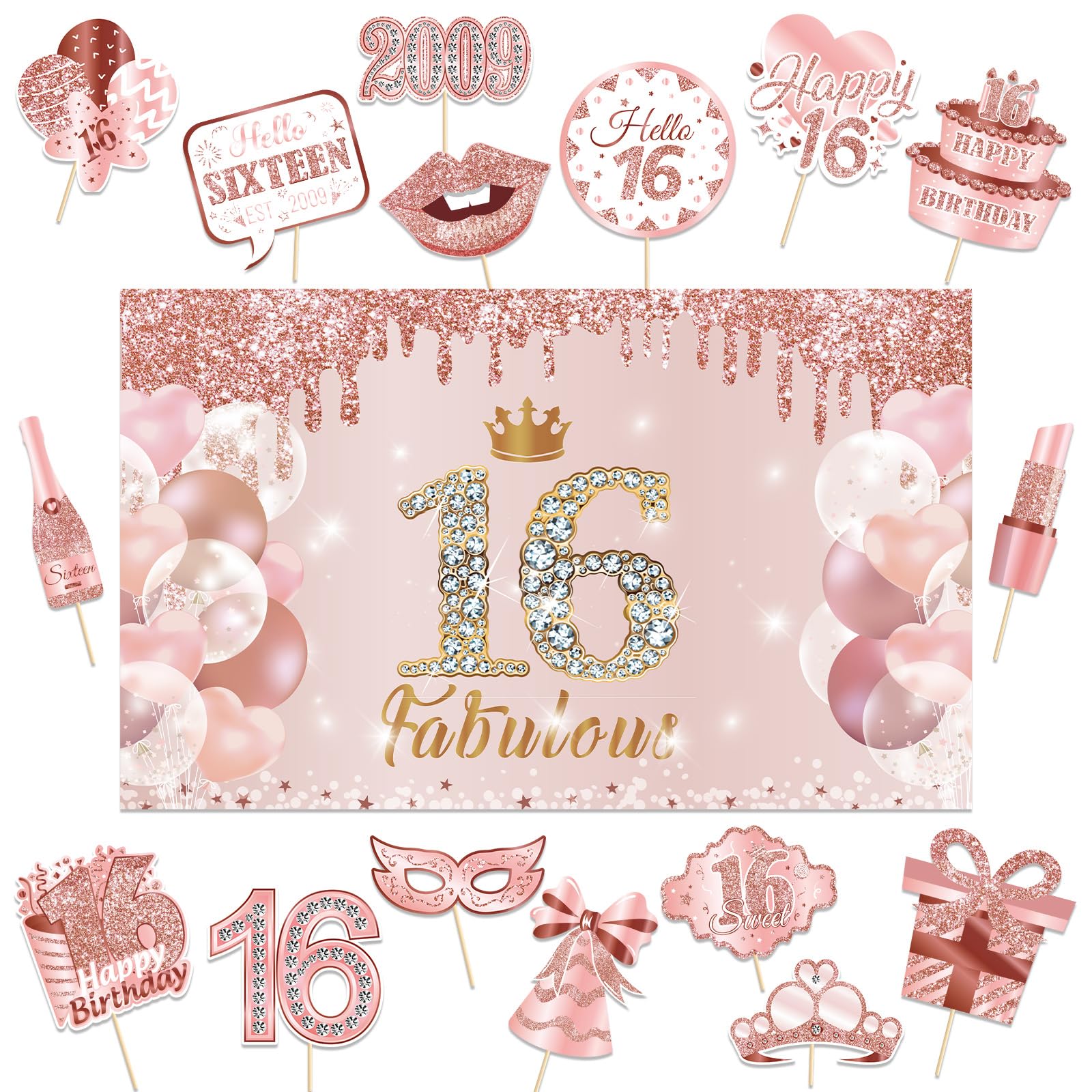 Sweet 16 Party Decorations for Girls Large Sweet 16 Banner Backdrop with 16pcs Happy 16th Birthday Photo Booth Props Signs Rose Gold 16 Birthday
