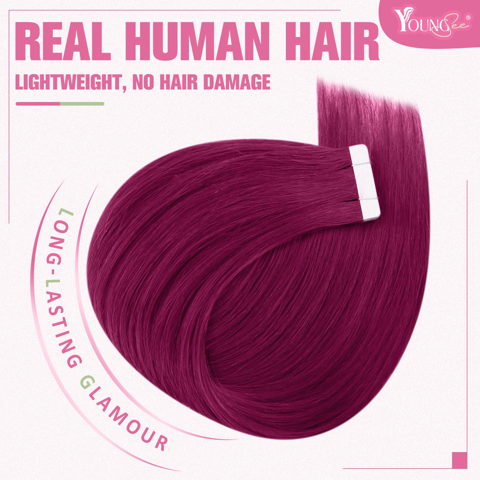YoungSee Tape in Hair Extensions Real Human Hair Magenta Human Hair Extensions Tape in Color Tape Extensions Magenta for Party Highlights Hair 20In 10pcs 25g - Image 2