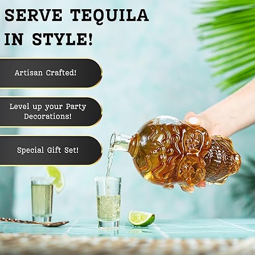 Miniatura 6 de Kobi & Knight Juego de decantador de tequila de calavera, decantador de cristal hecho a mano con 6 vasos de chupito, juego de tequila en caja de
