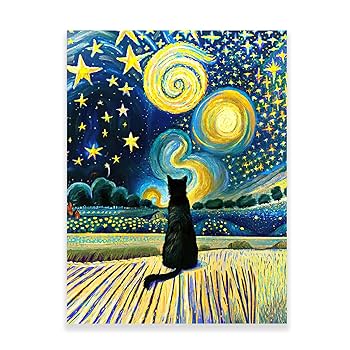 絵画。原画☆キャンバス F10【夜、黒猫が星を抱いて願い事をする】 Suicat／原画 キャンバス 絵 絵画 アート イラスト 黒猫 | Riee .か