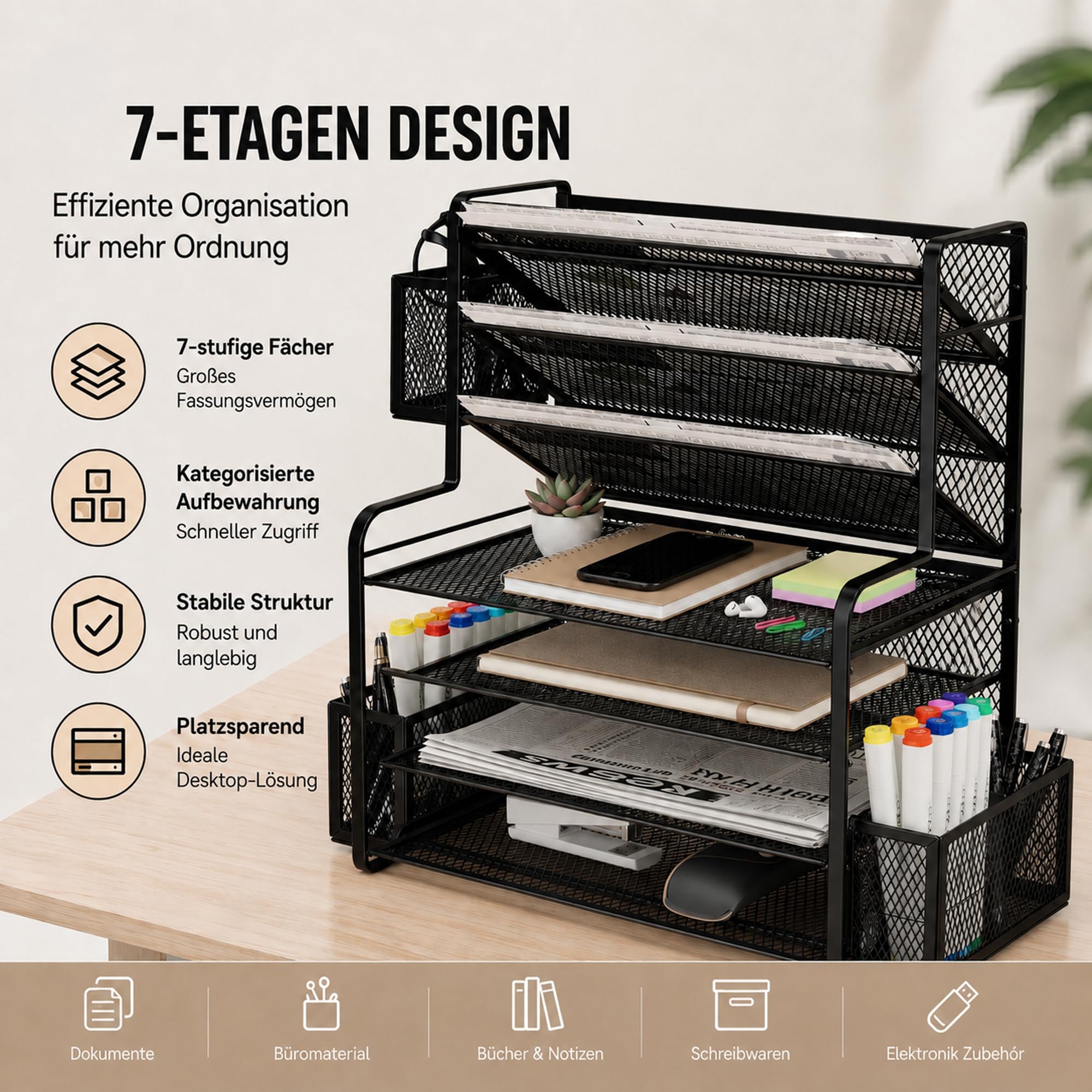 7-stöckiger Schreibtisch-Organizer aus Metall, Schwarz | Briefablage Papierablage mit Stiftehalter und Hängekorb, Dokumentenablage für Büro und Home Office