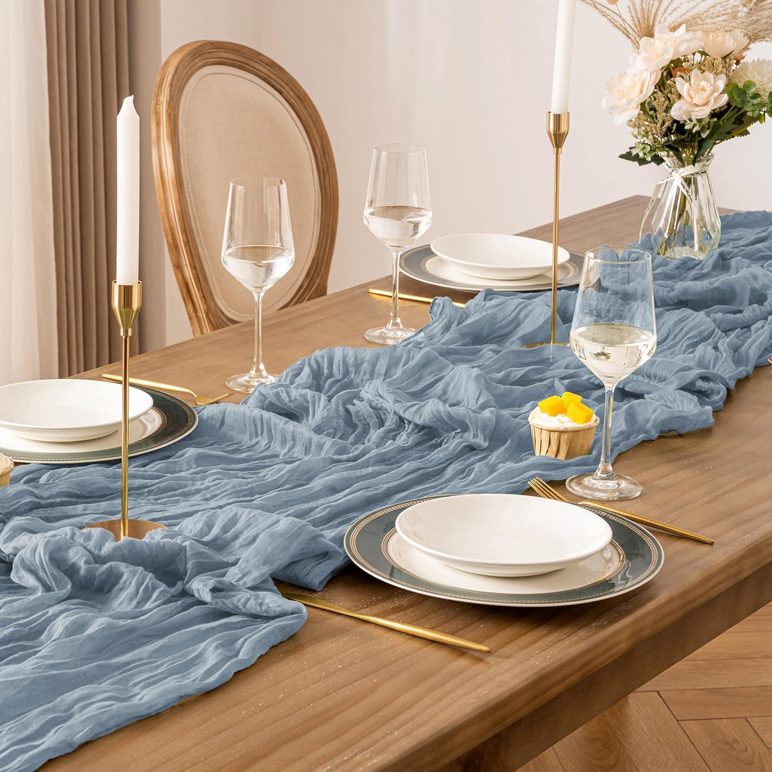 6 Pack Dusty Blue 10ft Cheesecloth Table Runner, Boho 35x120 Inch Long, Gauze Table Runner Decor for Baby Shower Bridal Shower or Wedding Party