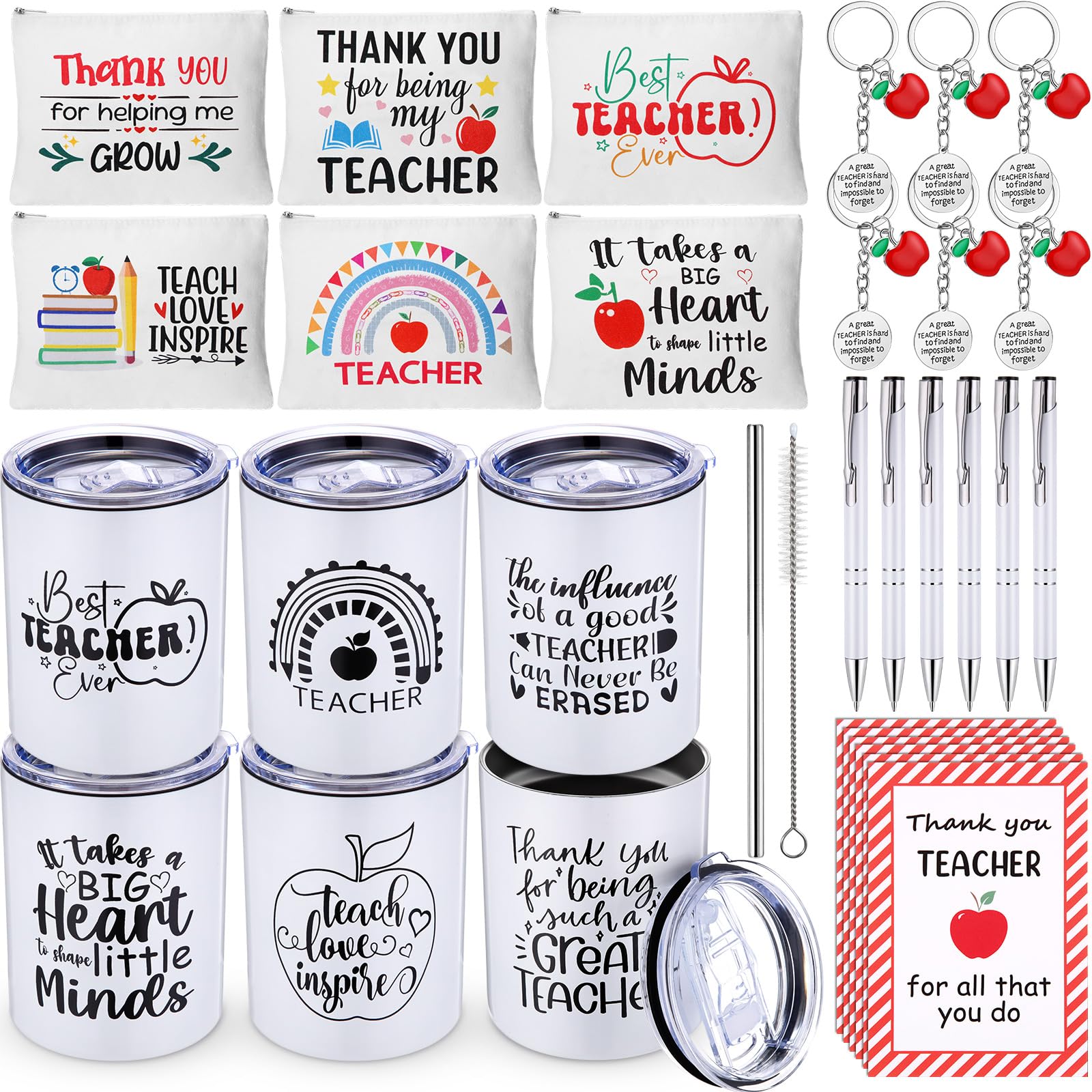 Patelai 30 Pcs Teacher Appreciation Gift Set Teacher Gifts Tumbler with Lids Straws Brushes Keychains Zipper Bag Pen Thank You Notepads for Back to