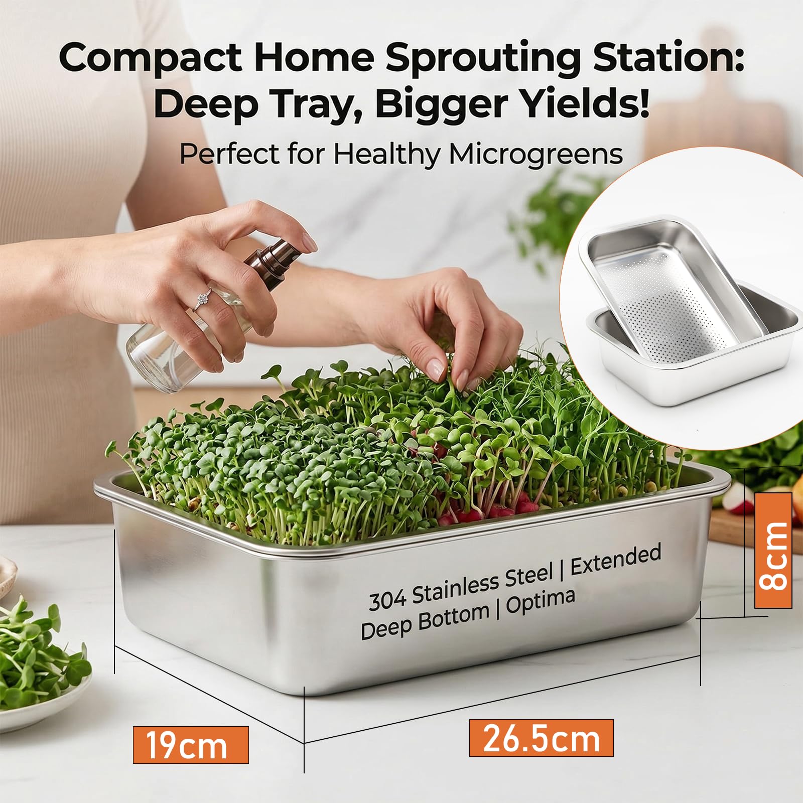 2er Set Sprossen Anzuchtset aus Edelstahl 2 in 1 Keimschalen 26 x 19 cm mit Feinem Edelstahlsieb und Untersetzer für Sprossen Kresse Microgreens Weizengras Wiederverwendbar Rostfrei Spülmaschinenfest
