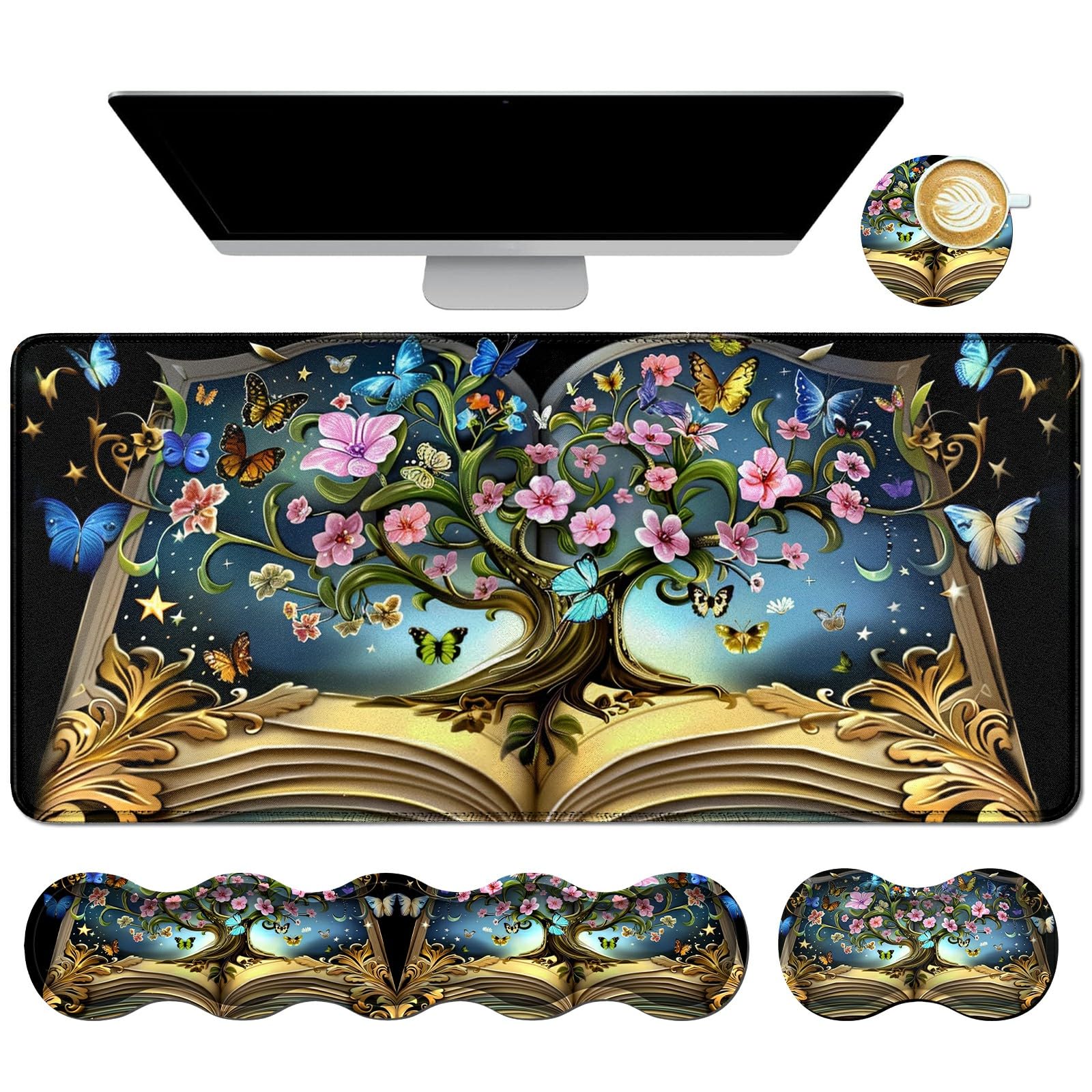 Dikoer 4Pcs Memory Foam Keyboard Mouse Wrist Rest Pad + Gaming Desk Mat 31.5