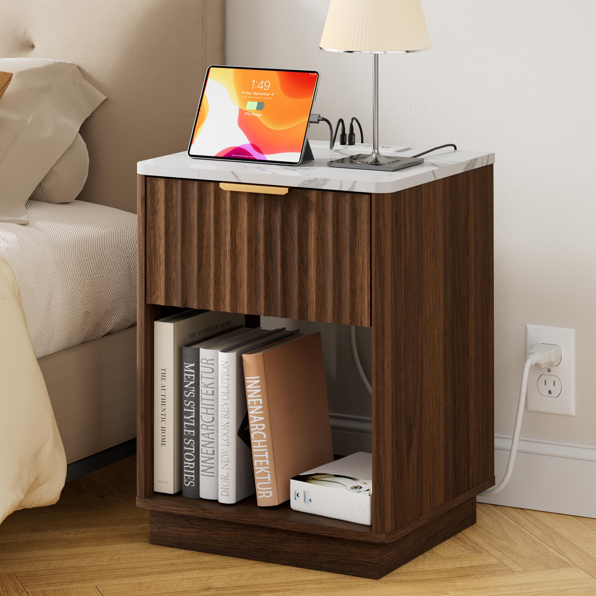 FavourLife Fluted Nightstand, Walnut Night Stand, Modern Nightstand with Faux Marble Top and Charging Station, 18in Wooden End Table with Drawer,