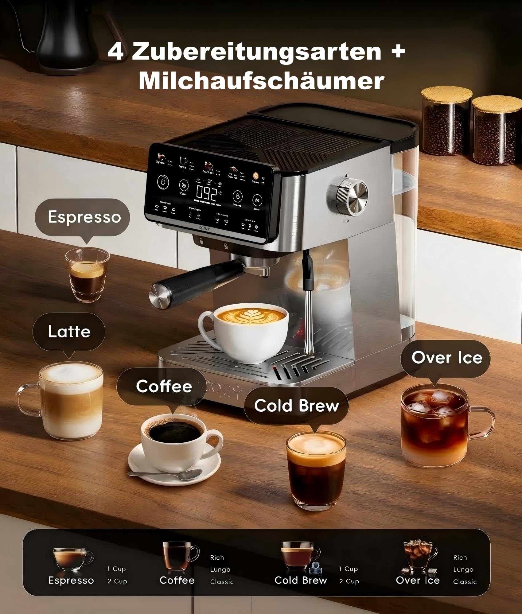 ecozy 4-in-1 Espressomaschine, Kaffeemaschine mit Milchaufschäumer, Silber