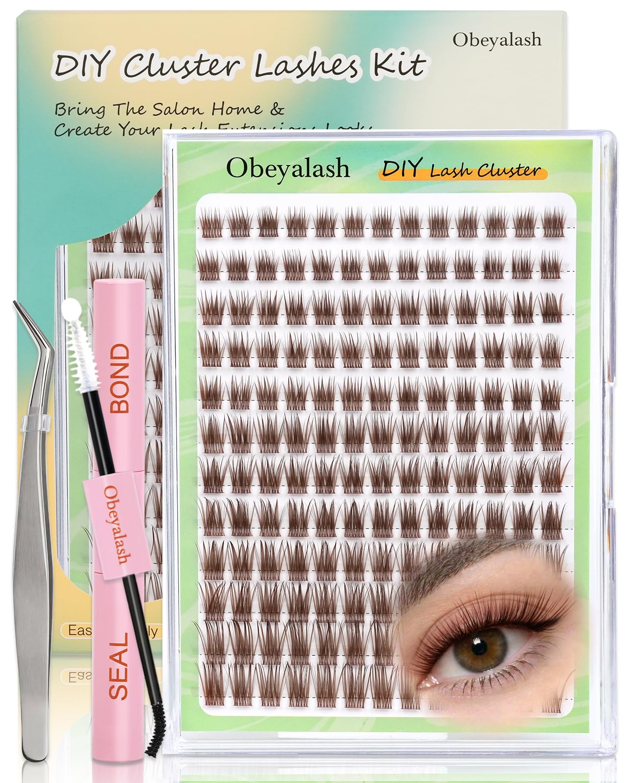 Obeyalash Zestaw do przedłużania rzęs w kolorze brązowym, 156 szt., zestaw do przedłużania rzęs C Curl Cluster Natural Brown (YLB09)