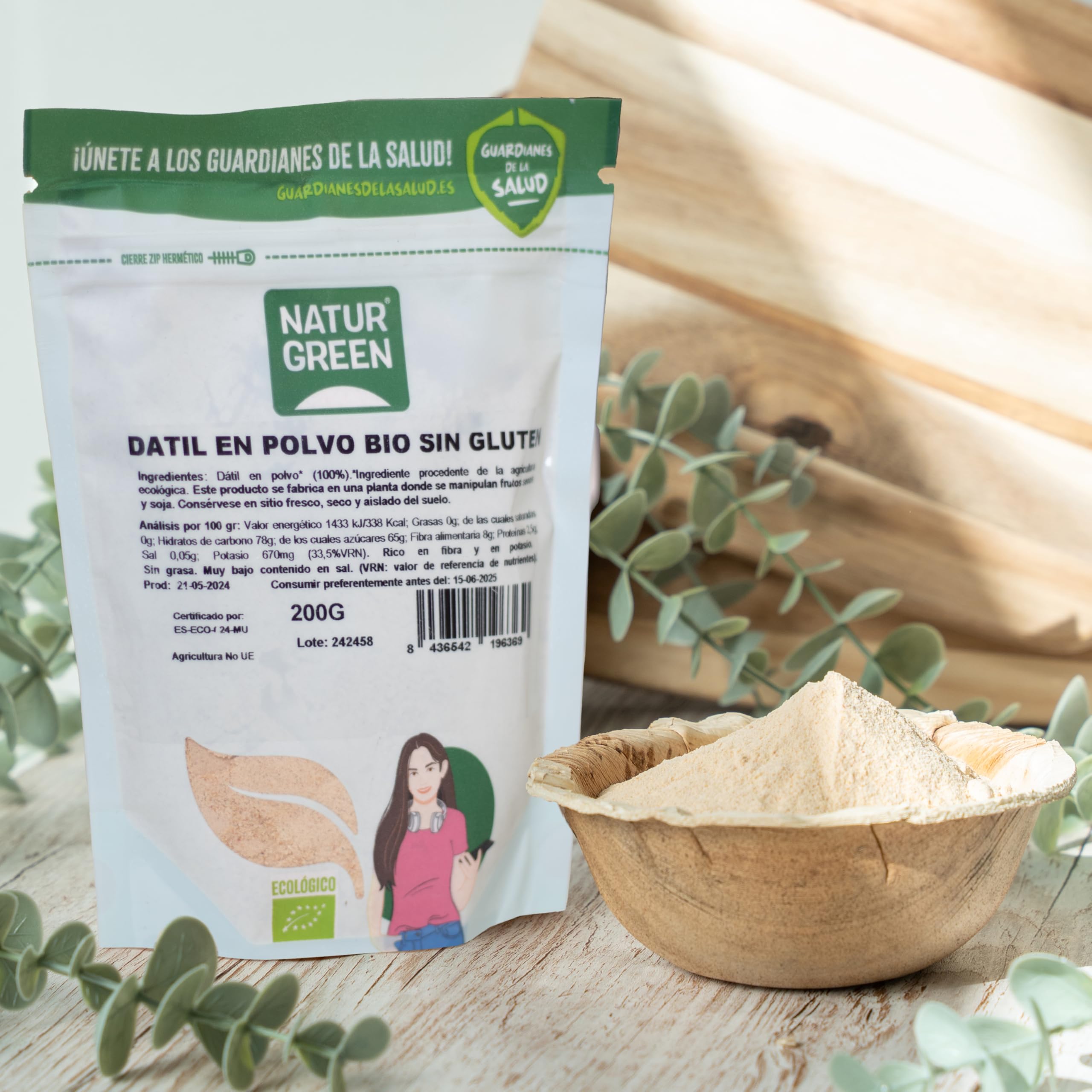 NaturGreen - Harina de Dátiles Bio, Pack 9 x 200 g, 100% Natural, Fuente de Proteínas y Fibra, Sin Gluten, Ideal para Repostería y Mezclas Keto