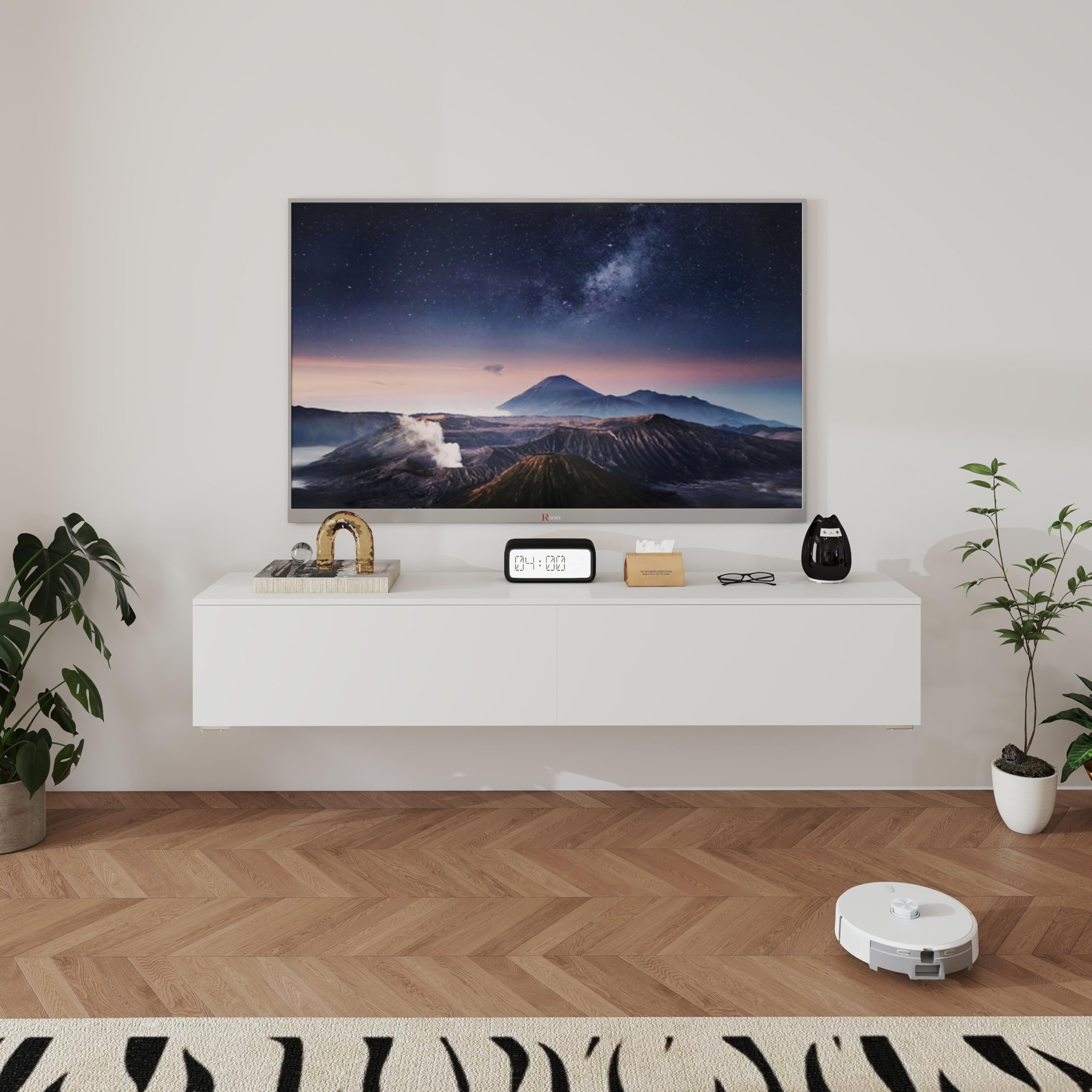 Lowboard mit Fächern, TV Board für Wohnzimmer, Sideboard Weiss, Moderne TV Lowboard, Lowboard Hängend