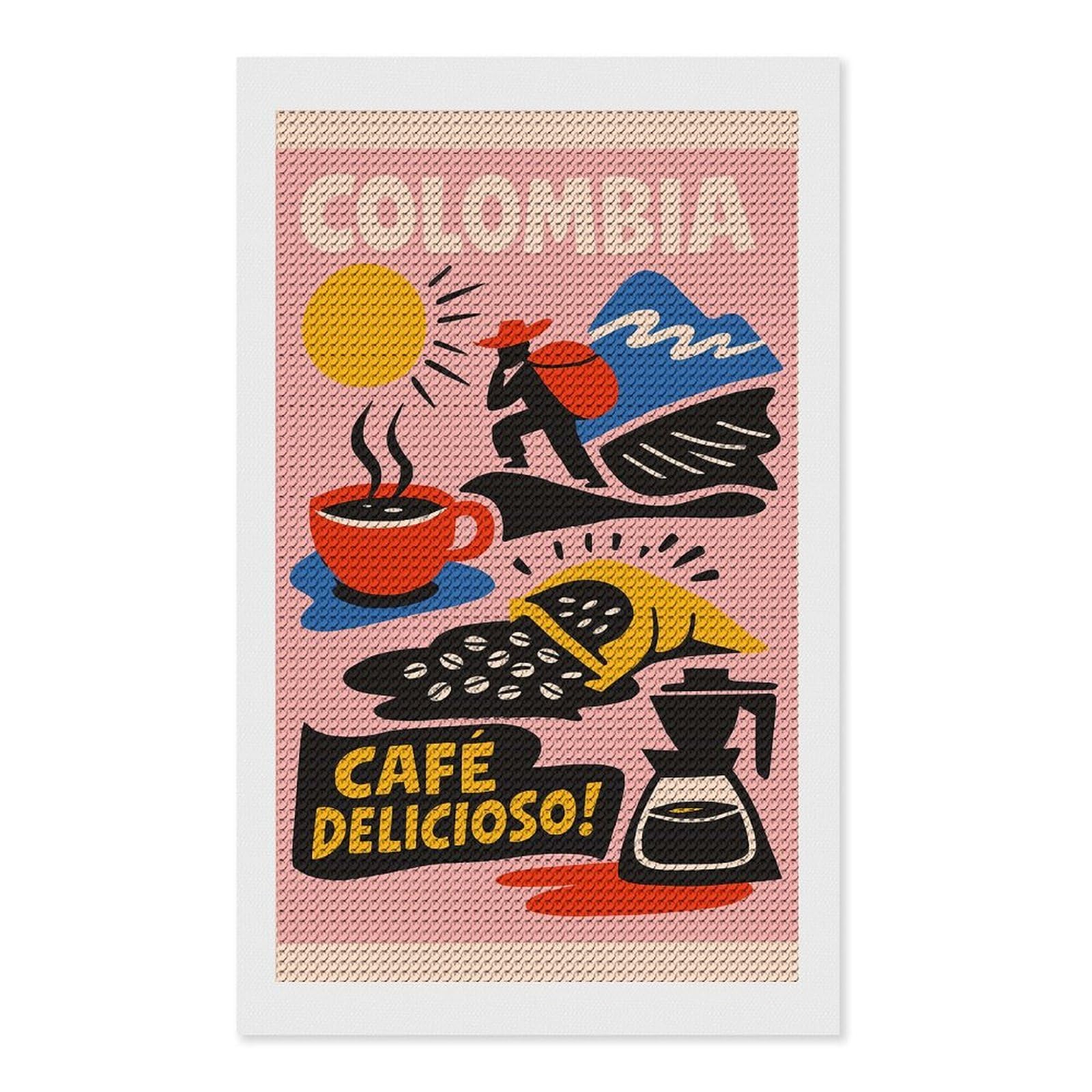 Junmoney Colombian Coffee DIY Diamond Art Canvas Kit 12"x20", Adhesive Canvas, Easy to Enjoy, Farmhouse Decor, Festive Craft Gift