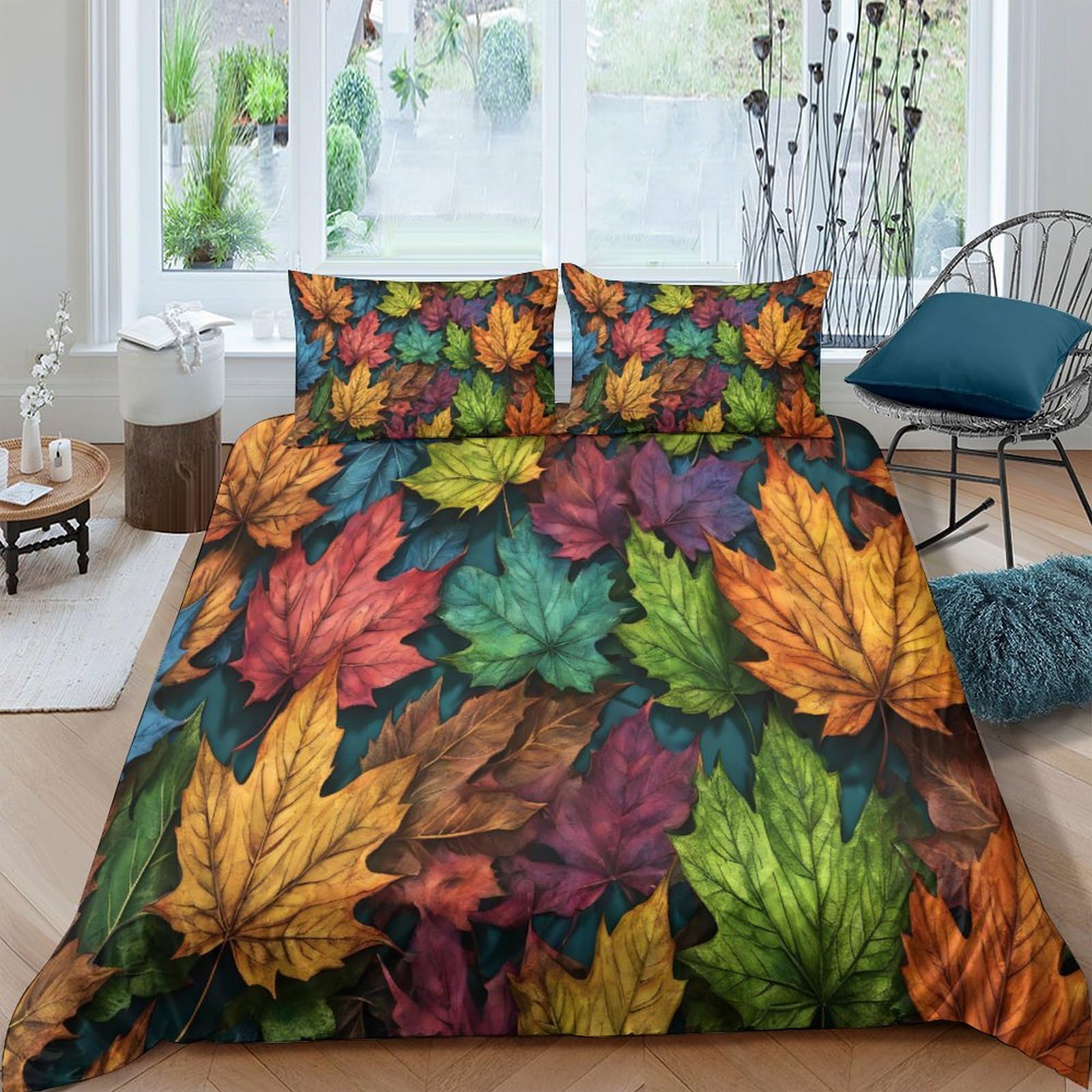 Parure de lit double imprimé 3D avec housse de couette microfibre feuilles d'érable colorées