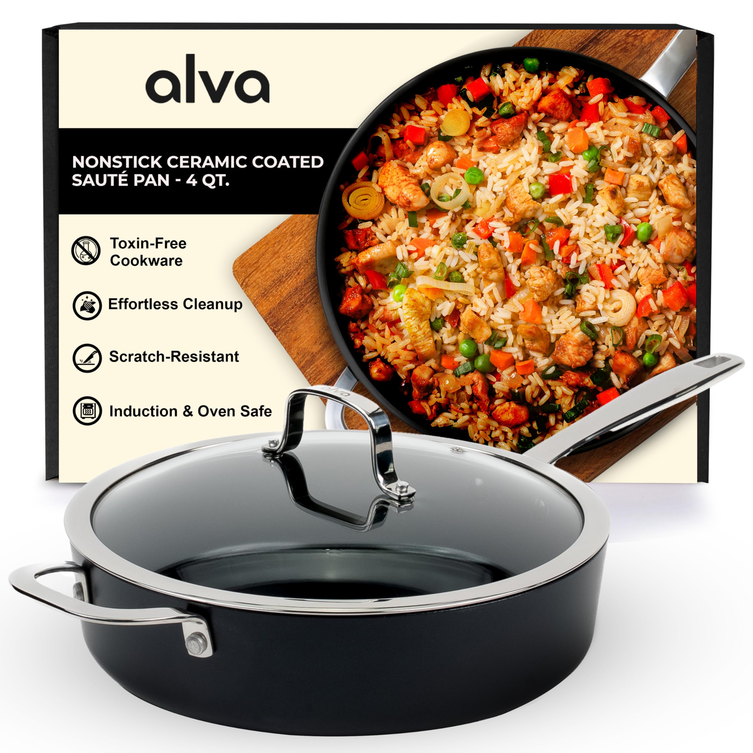 - Alva Maestro Nonstick Ceramic Saute Pan with Glass Lid 4Qt. - Easy to Clean, Oven Safe and Made without PFAS, PFOA & PTFE - Induction and All Stovetop Compatible with Even Heat Distribution