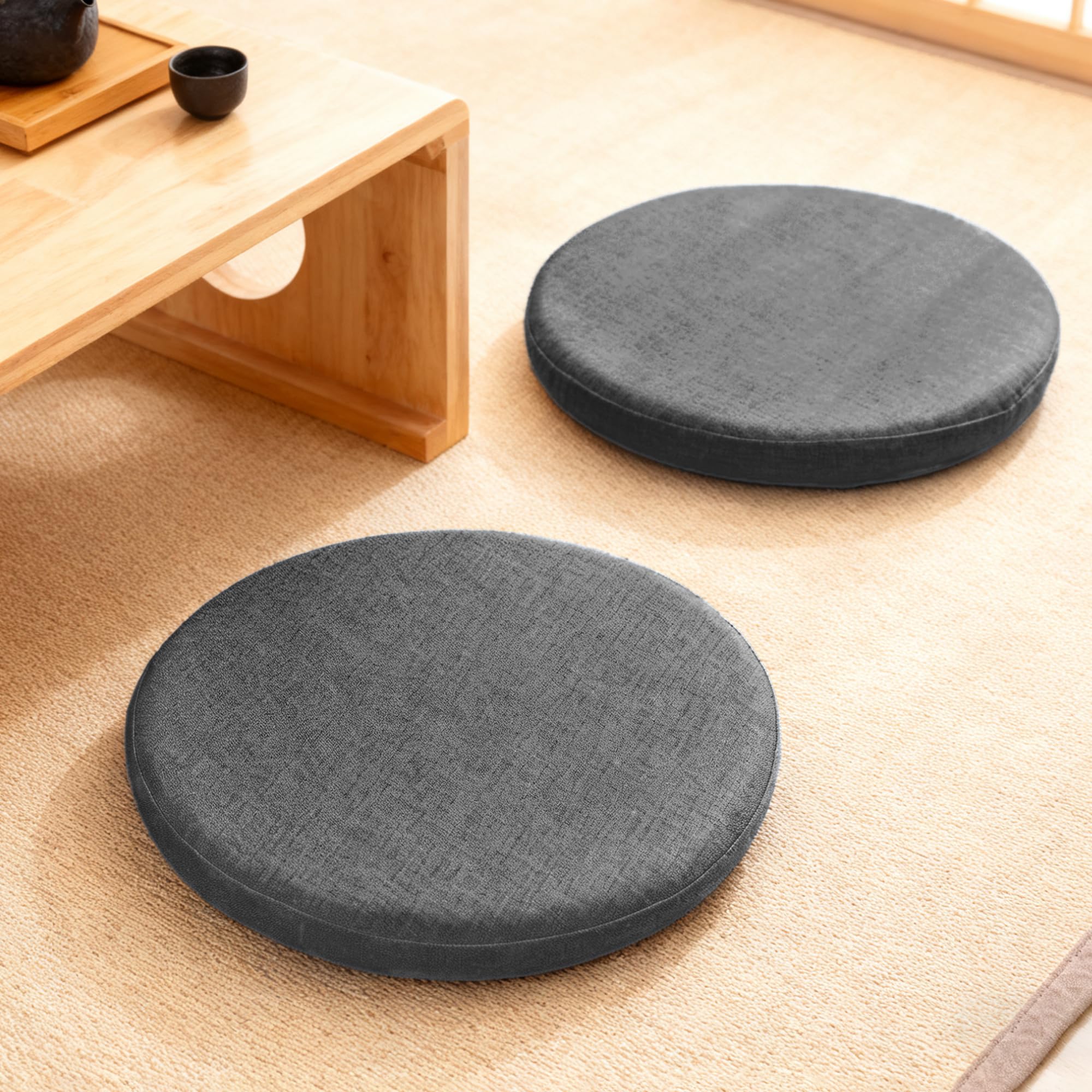 HOSUR 椅子クッション 2枚セット 円形 低反発 チェアパッド カバー洗える 麻風 シートクッション 座布団 お尻が痛くならない フロアクッション シートクッション 椅子 ダイニングチェア 40x40x4cm ダークグレー