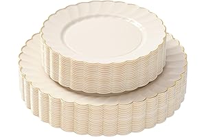 MADEWED Heavyweight Scalloped Plastic Plates with Gold Trim