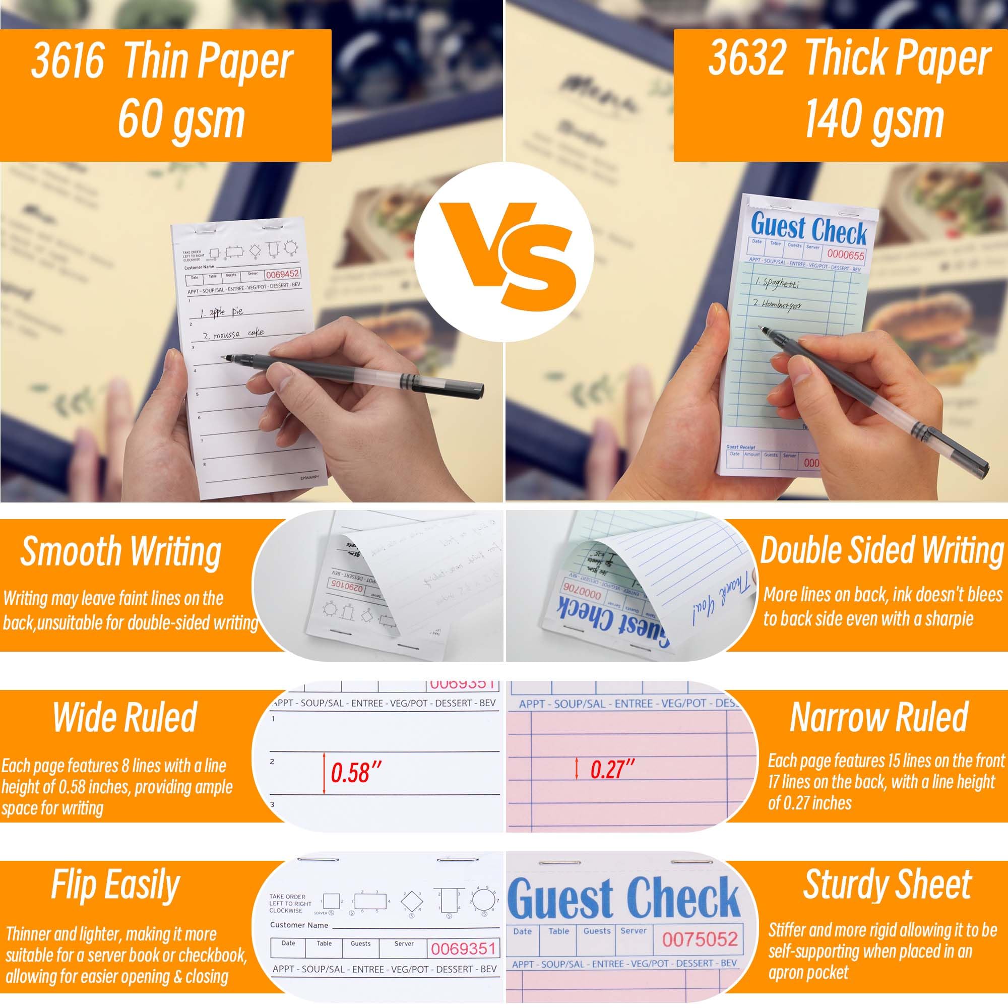 DGBDPACK Guest Checks Notizblöcke, 6 Stück, 300 Blatt, dickes Papier, 3 verschiedene Farben, 8,9 x 17,5 cm (EP-3632-1)