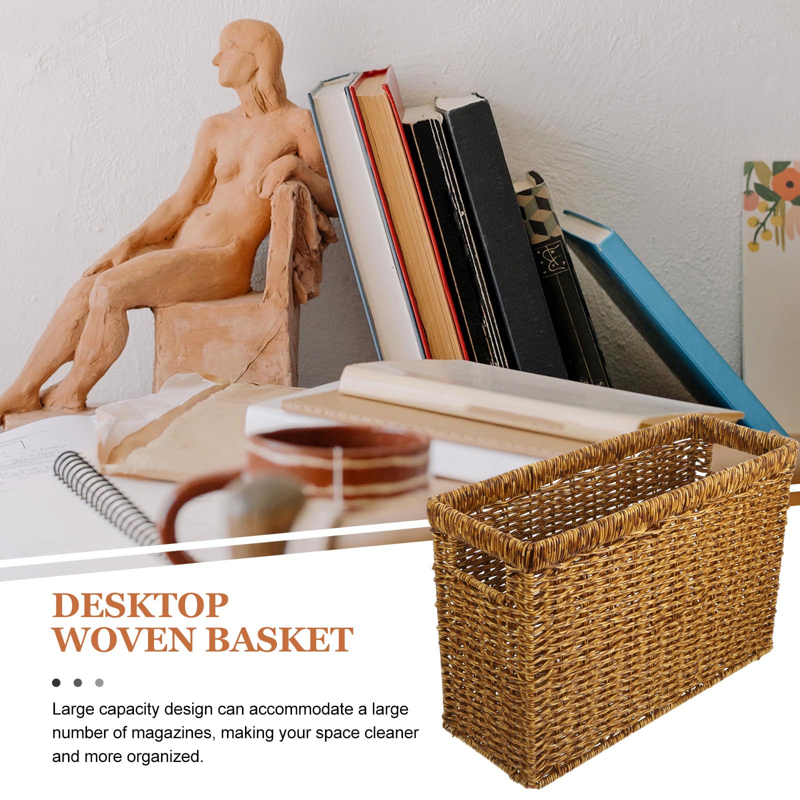MAGICLULU Cesta Tejida con Asa Resistente y Ligera Organizador de Escritorio Multifuncional Cesta Pequeña de Plástico Ratán para Almacenamiento y Decoración del Hogar
