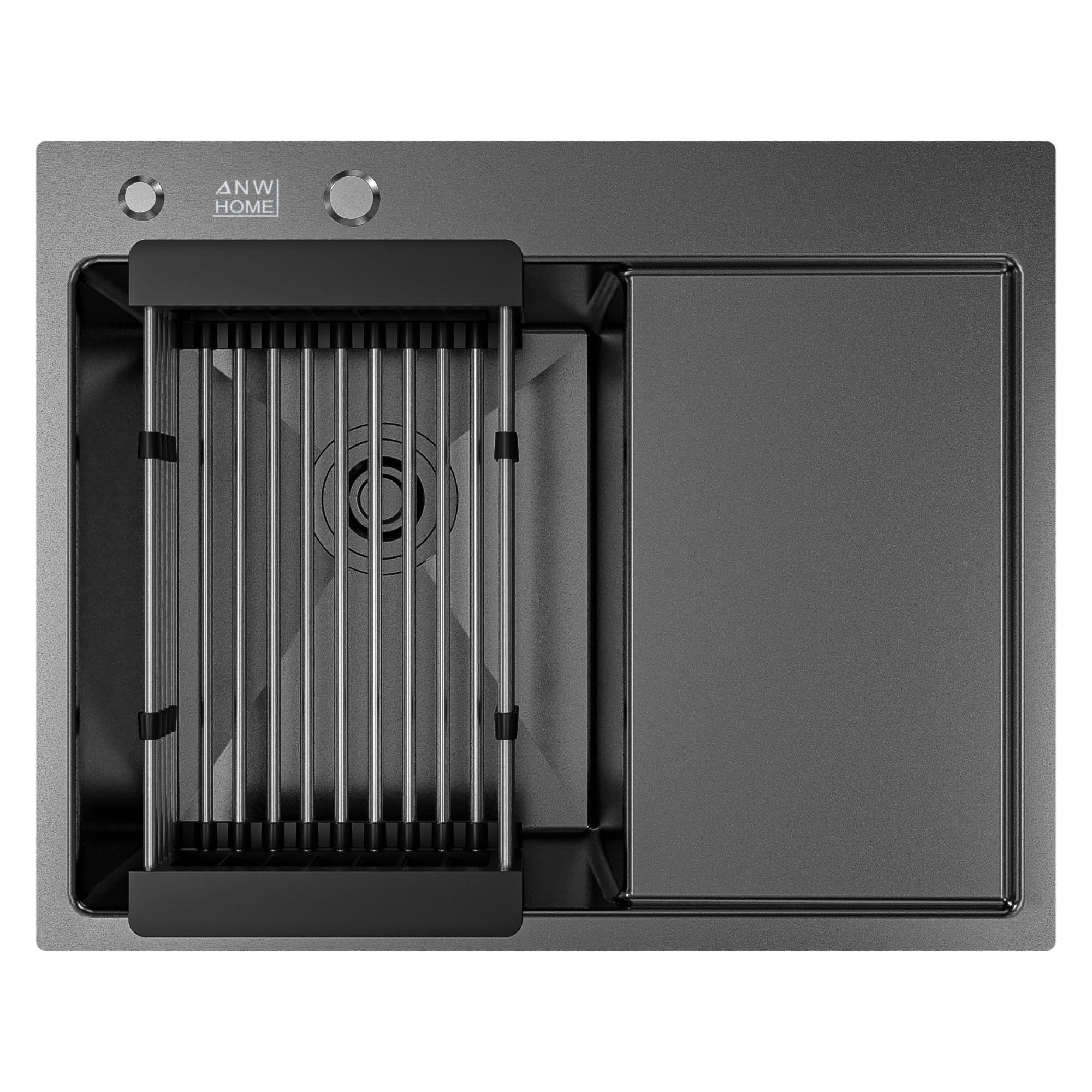ANW HOME Fregadero Cocina 1 Seno 63×50 cm, Grafito PVD | Sobre Encimera, Con Escurridor, Revestimiento Nano, Grosor 3+1 mm, Con Sifón, Cesta