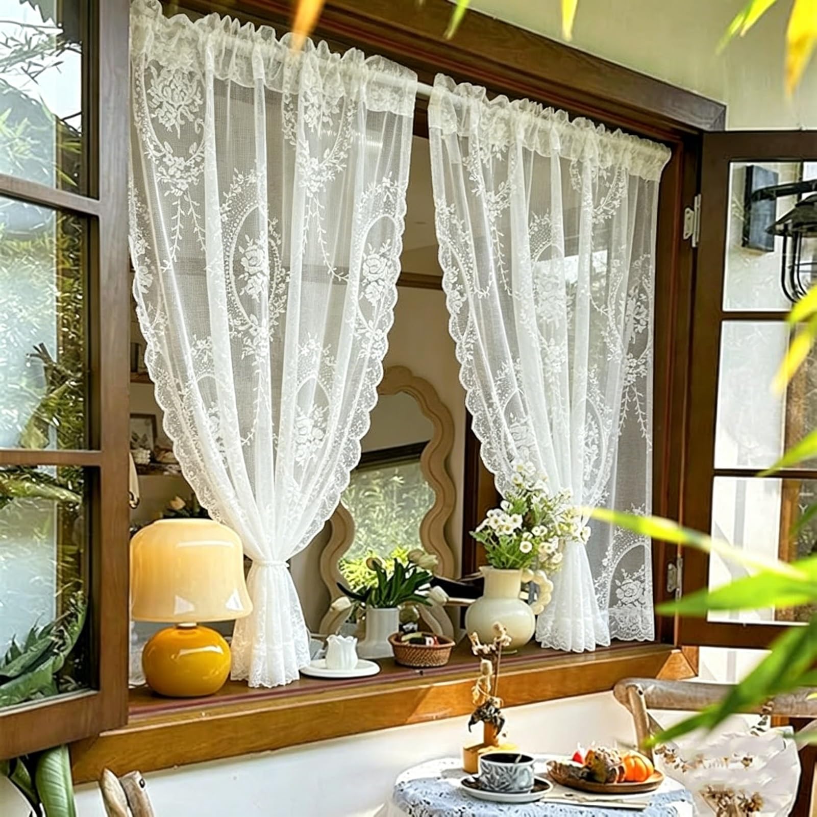 2 Pièces Rideaux Transparents en Dentelle Blanc, Motif Floral Rococo Français Rideaux Fenêtre en Voile Salon avec Cerise Passe-Tringle pour Balcon(W200xH200cm/79x79inch)