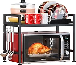 PUSDON Microwave Oven Rack Extendable Shelf Heavy Duty Stand Counter Top Organizer, Adjustable Microwave/Toaster Kitchen(L15.7~23.6" x W12.6 x H17), 2-Tier with 3 Hooks, 160lbs Weight Capacity, Black