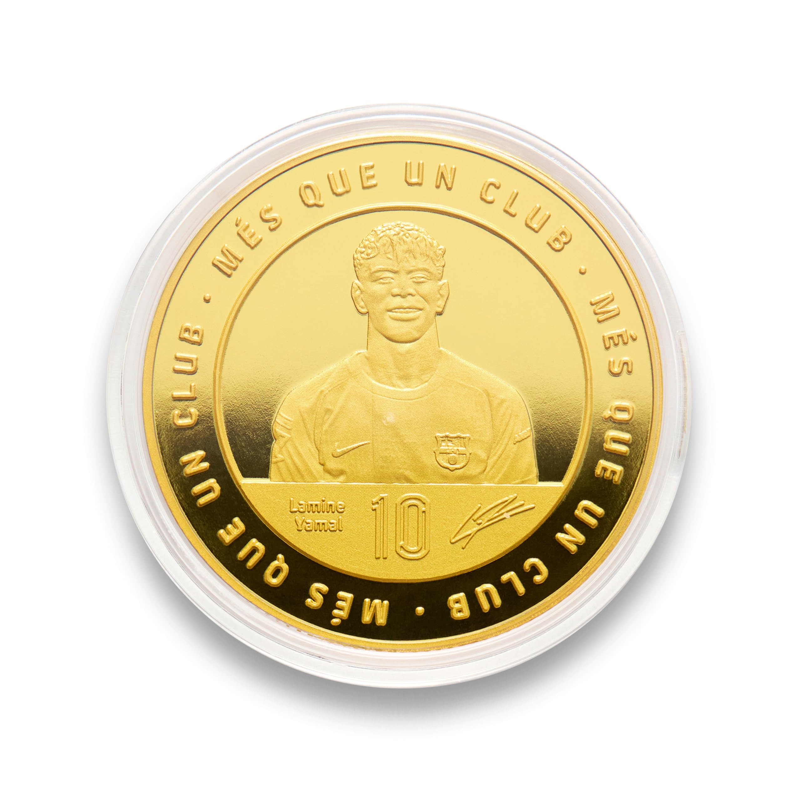 FC Barcelona - Moneda edición Especial con Escudo y Retrato en Relieve de Lamine Yamal, acompañado del número 10 y su Firma grabada - Coleccionable - Dorada - Producto Oficial
