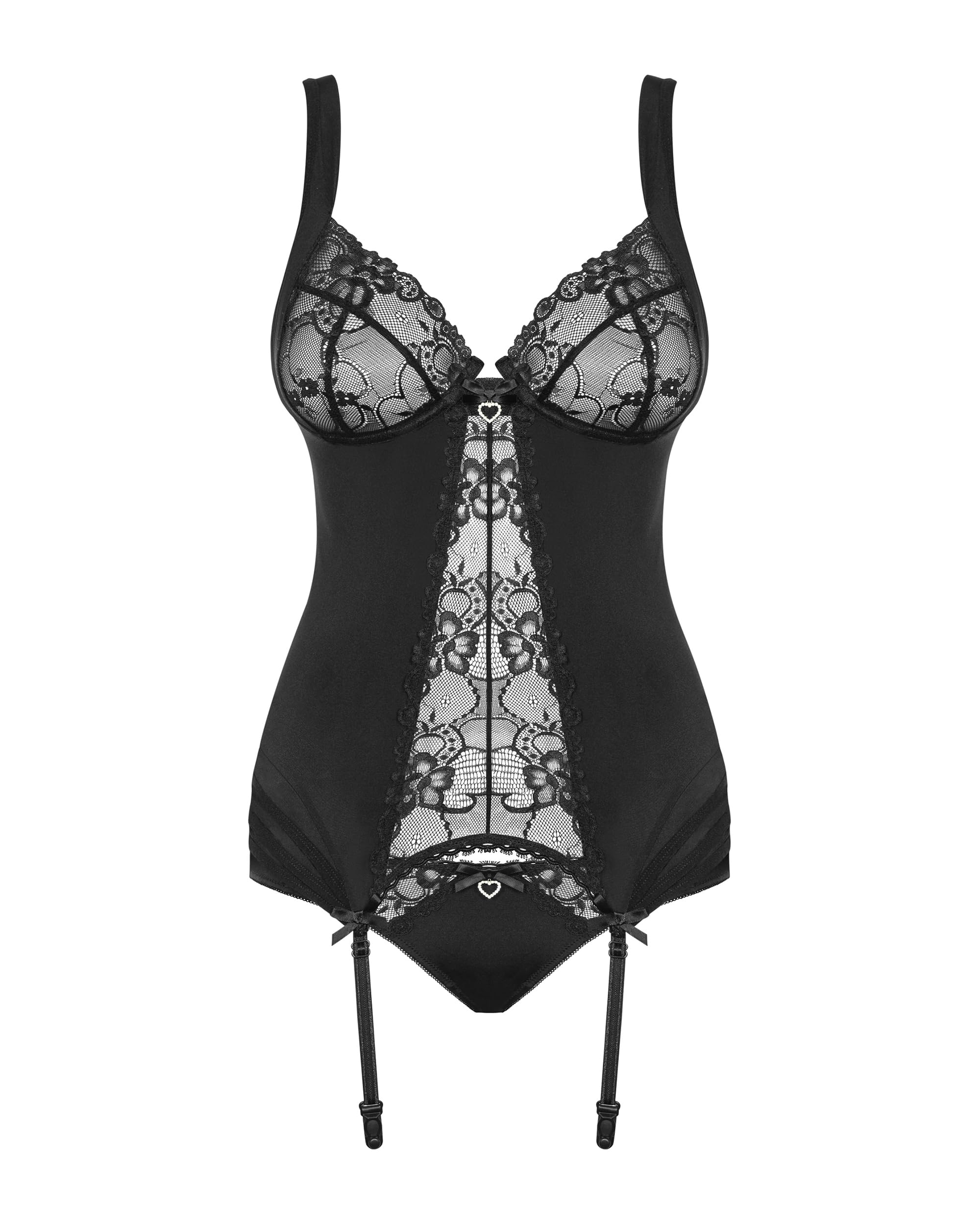 Obsessive. Frauen Dessous Set Strapshemd Corsage mit Strumpfhalter und Panties in schwarz mit Spitze, Bügelcups elastisch