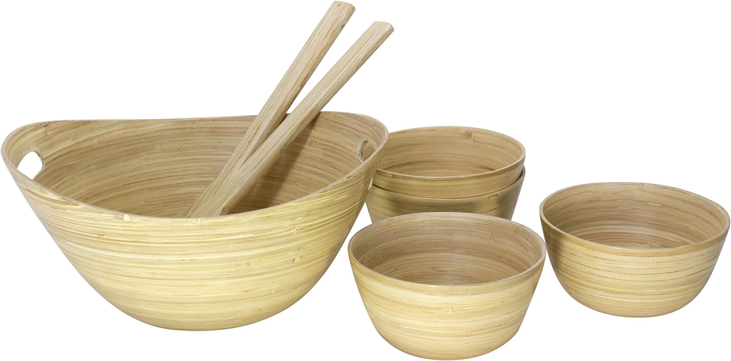 Bamboo Salad Server Set, Large Salad Bowl, 4 Serving Bowls, Tongs (Natural)