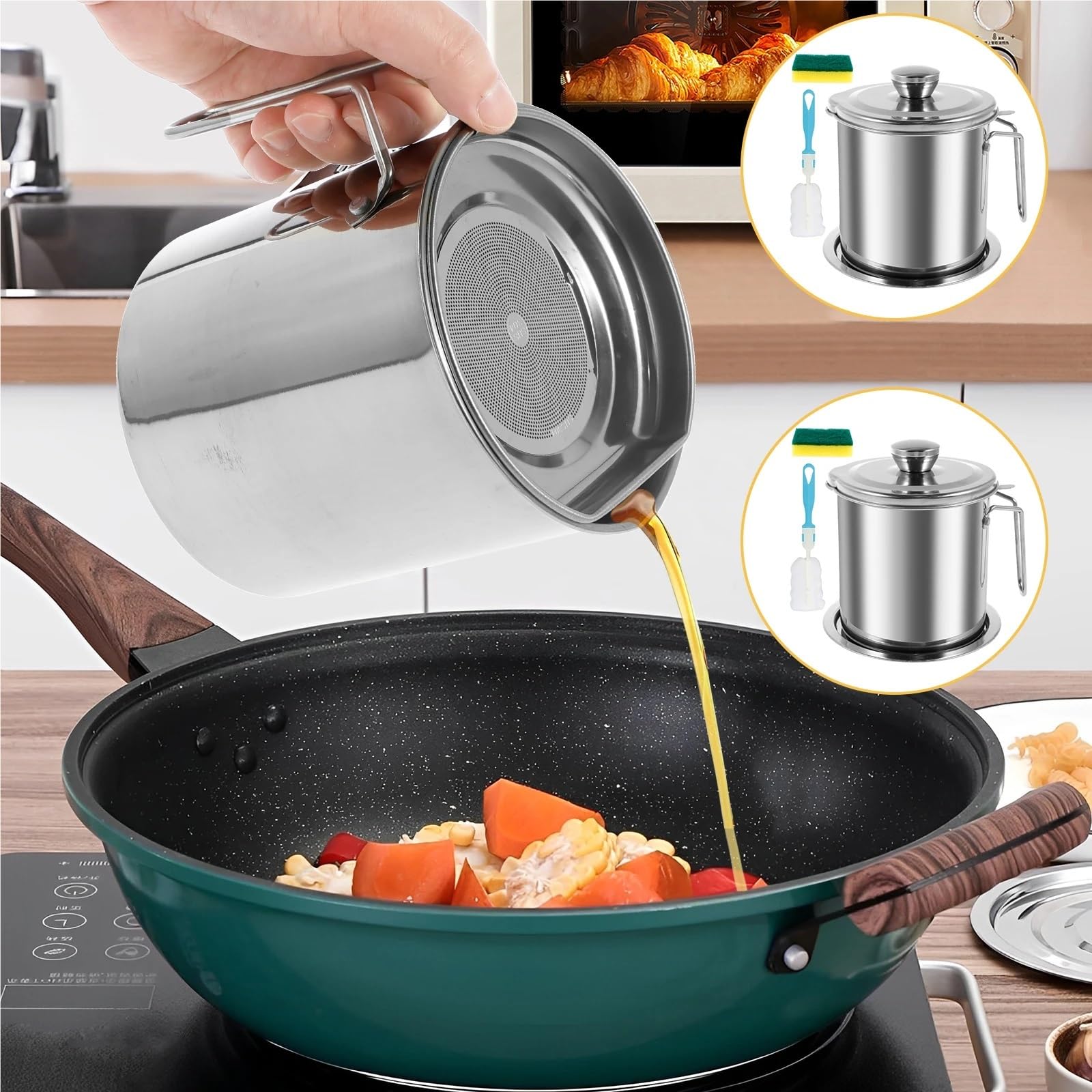 Contenedor de almacenamiento de aceite, lata de grasa de acero inoxidable con colador y base antideslizante, 51/68 onzas para almacenar aceite de freír, duradero y fácil de usar